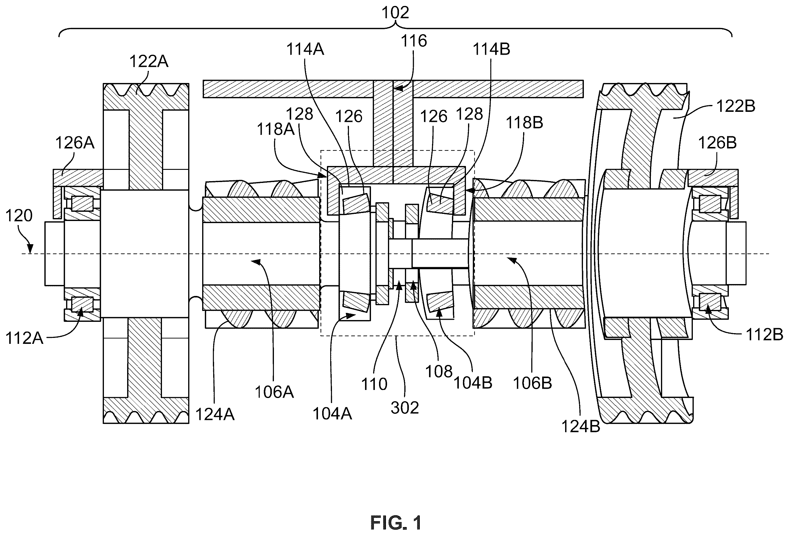 Patent US12590628 — Dual gearbox central bearing layout — Figure 1