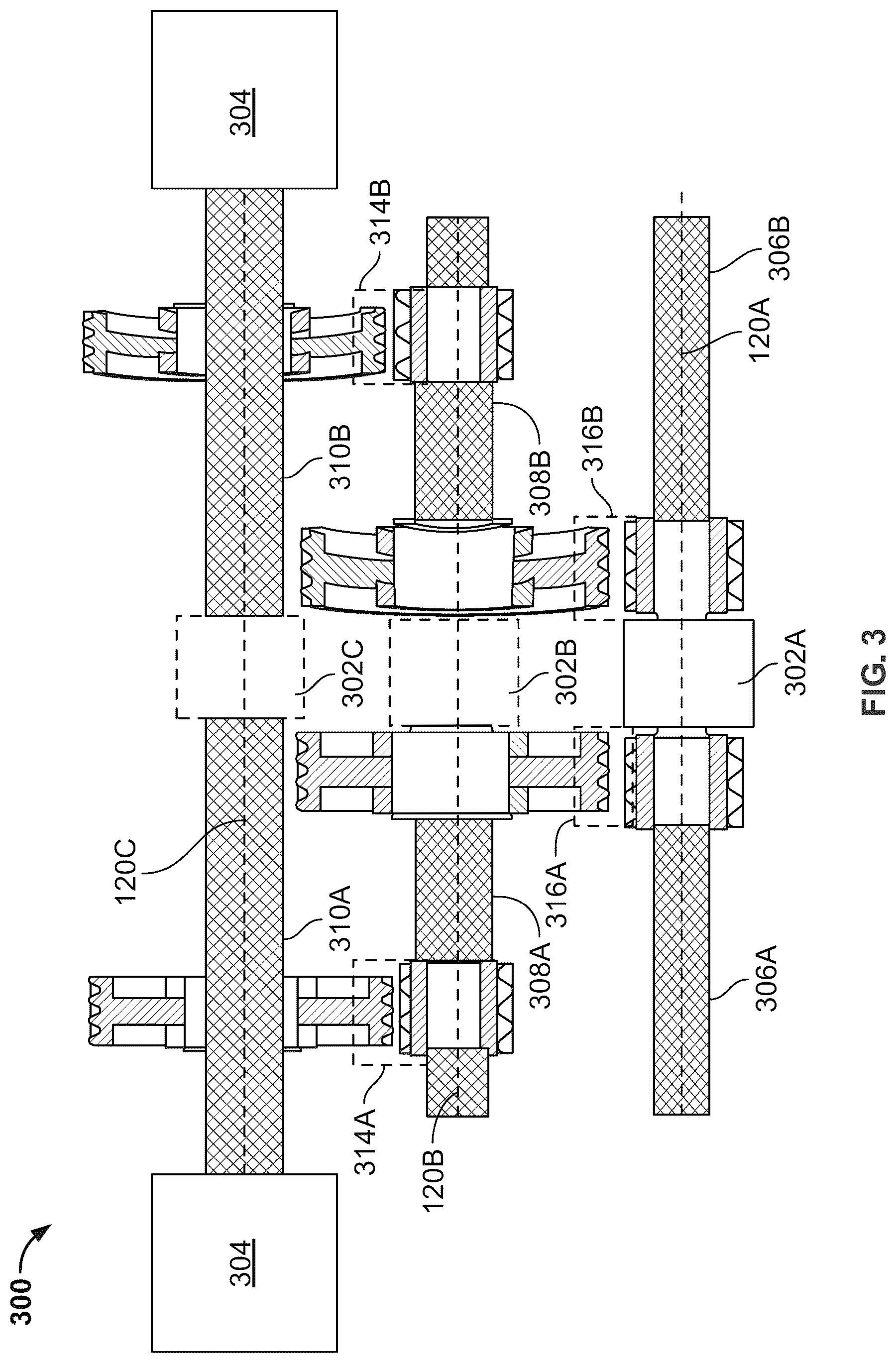 Patent US12590628 Figure 3 – Dual gearbox central bearing layout