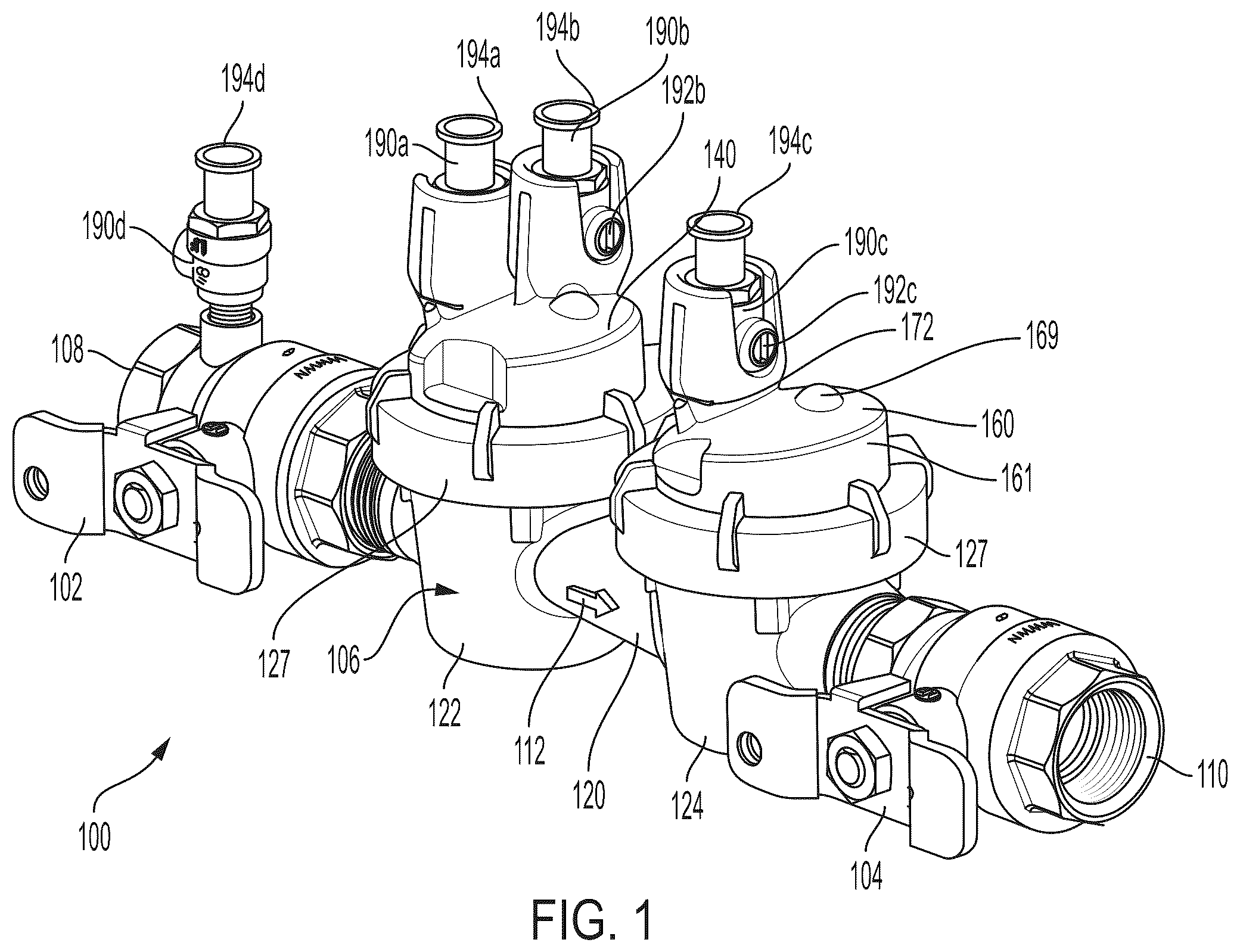 Patent US12590641 Figure 1 – Check cover assemblies for backflow prevention assemblies with integrated test cock protection shroud