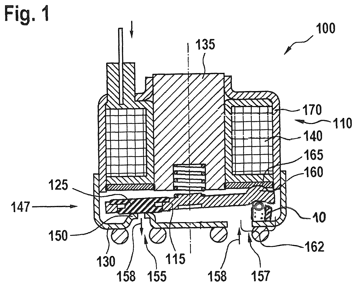 Patent US12590644 Figure 1 – Bearing device for bearing an armature body of an electromagnetic switching or valve device, and electromagnetic switching or valve device