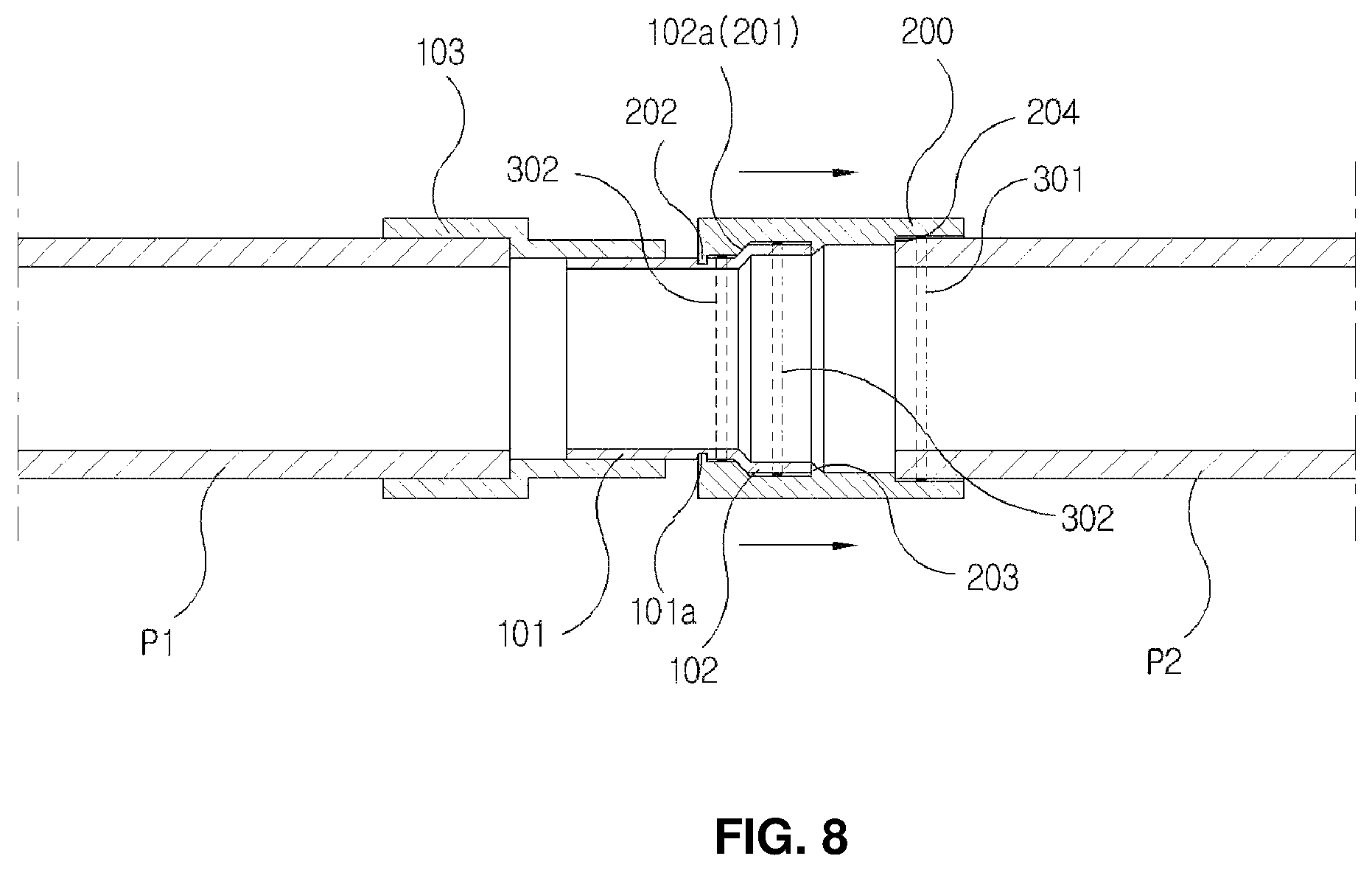 Patent US12590656 Figure 8 – Pipe connection device for repairs