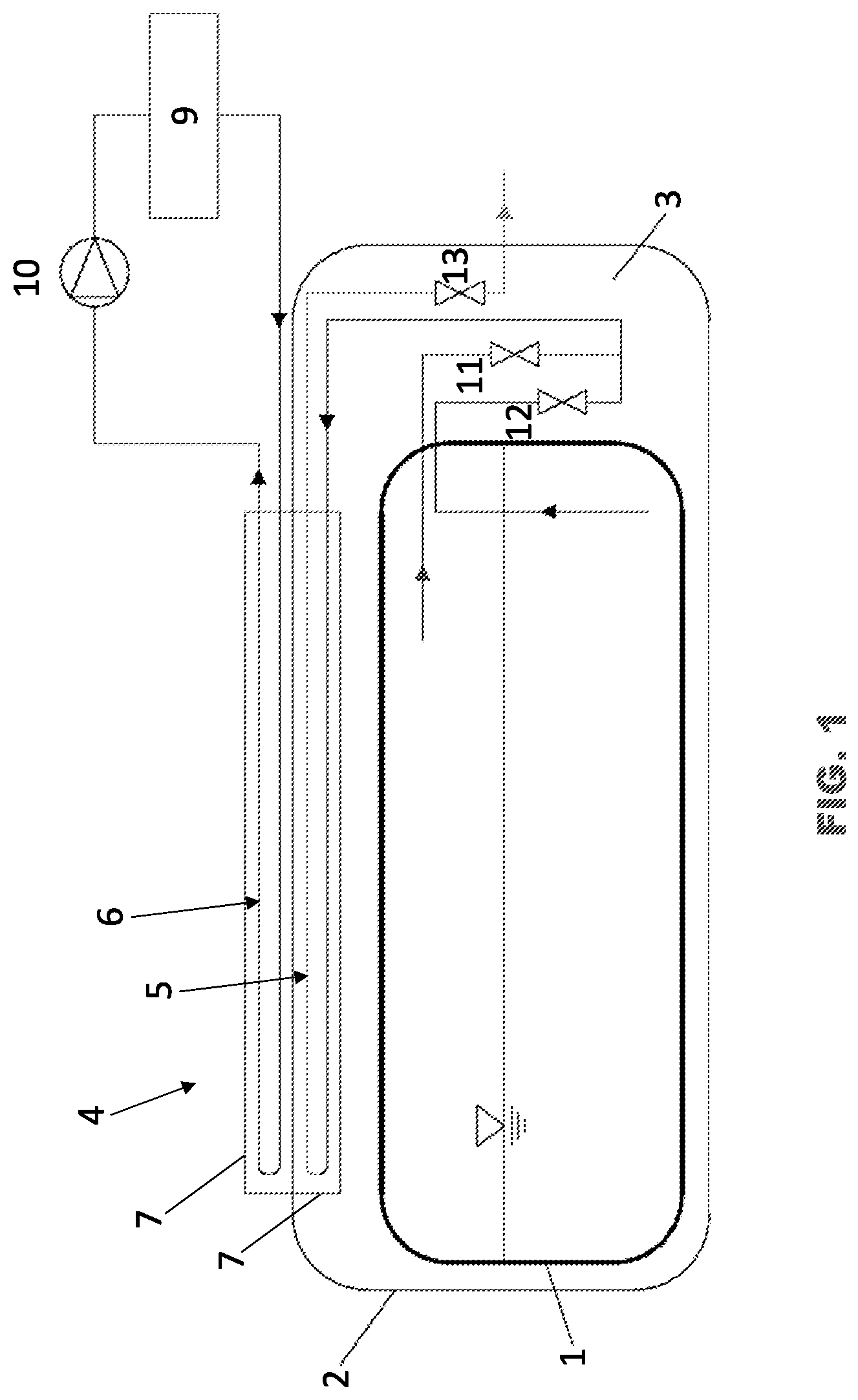 Patent US12590675 Figure 1 – Cryogenic tank device with heat exchanger