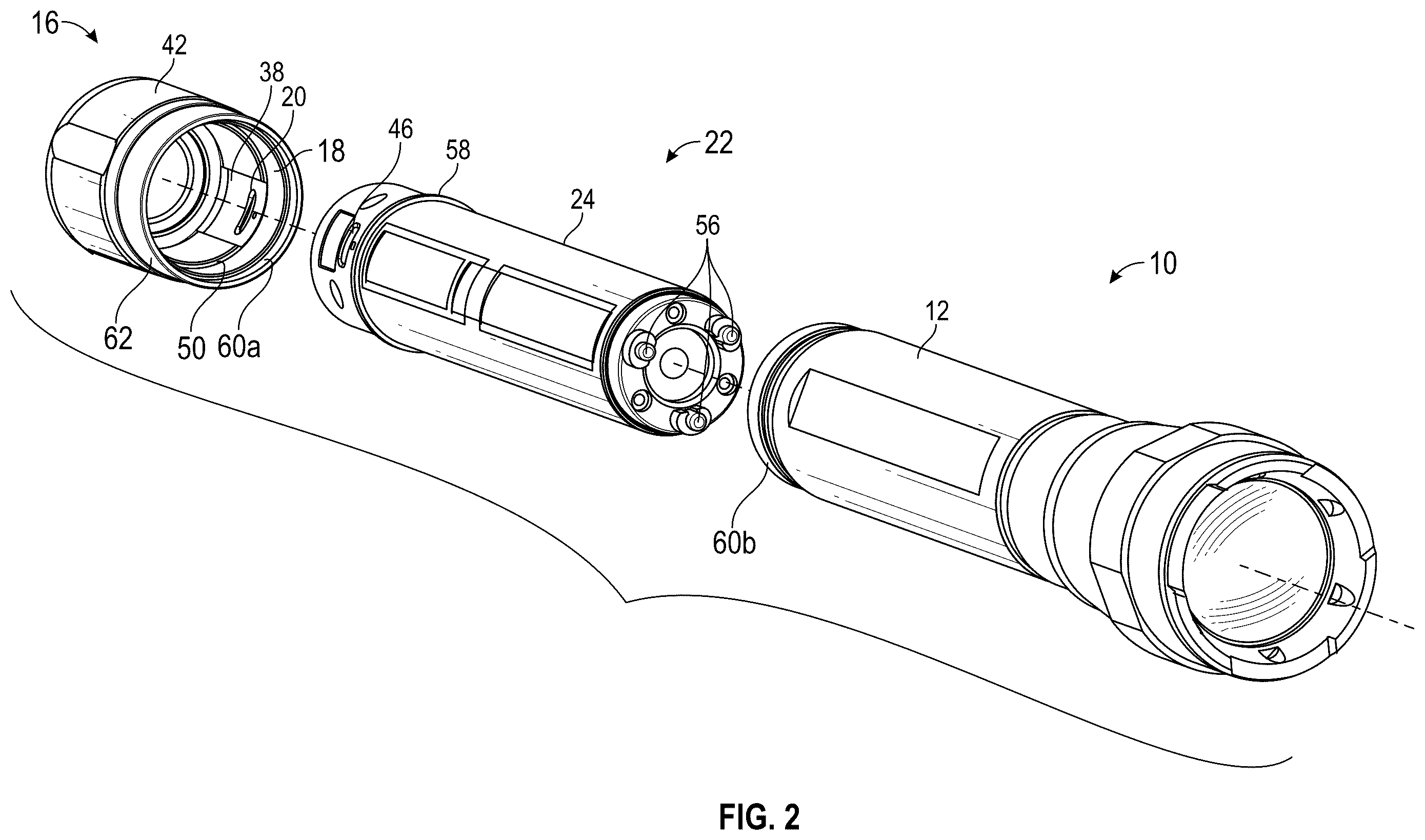 Patent US12590681 Figure 2 – Flashlight with rechargeable battery assembly
