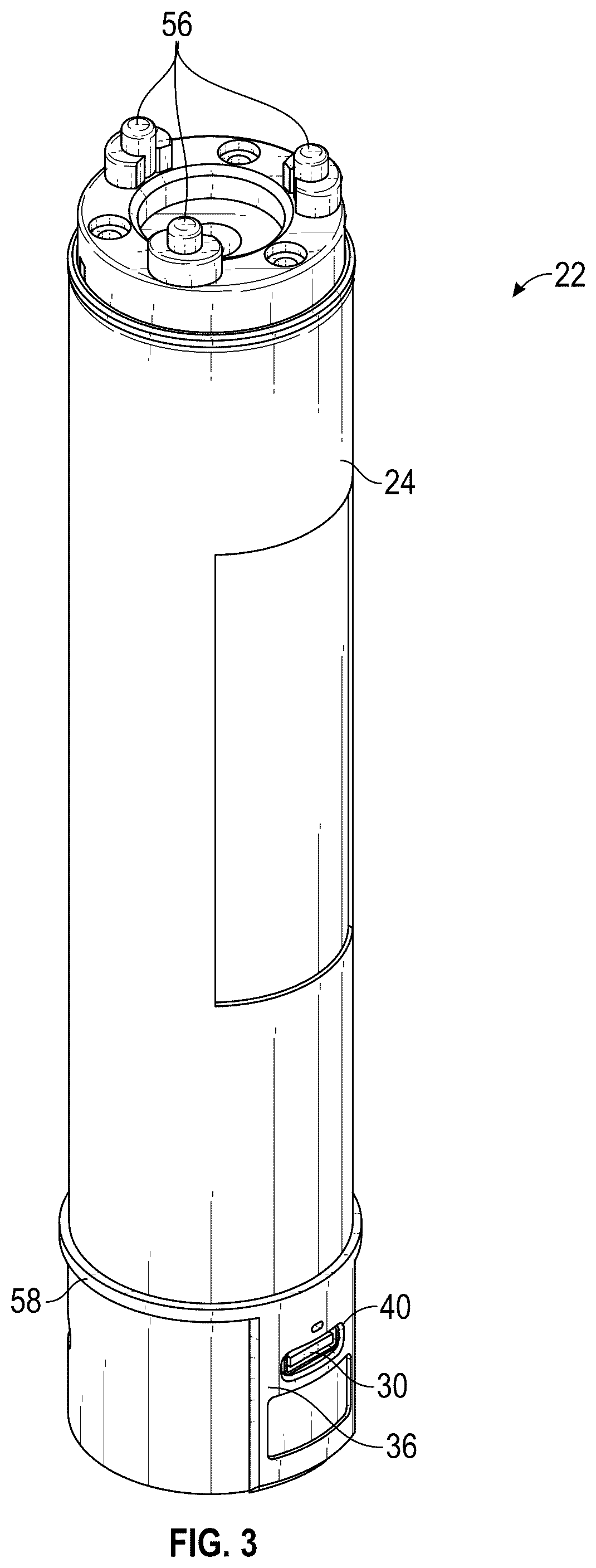Patent US12590681 Figure 3 – Flashlight with rechargeable battery assembly