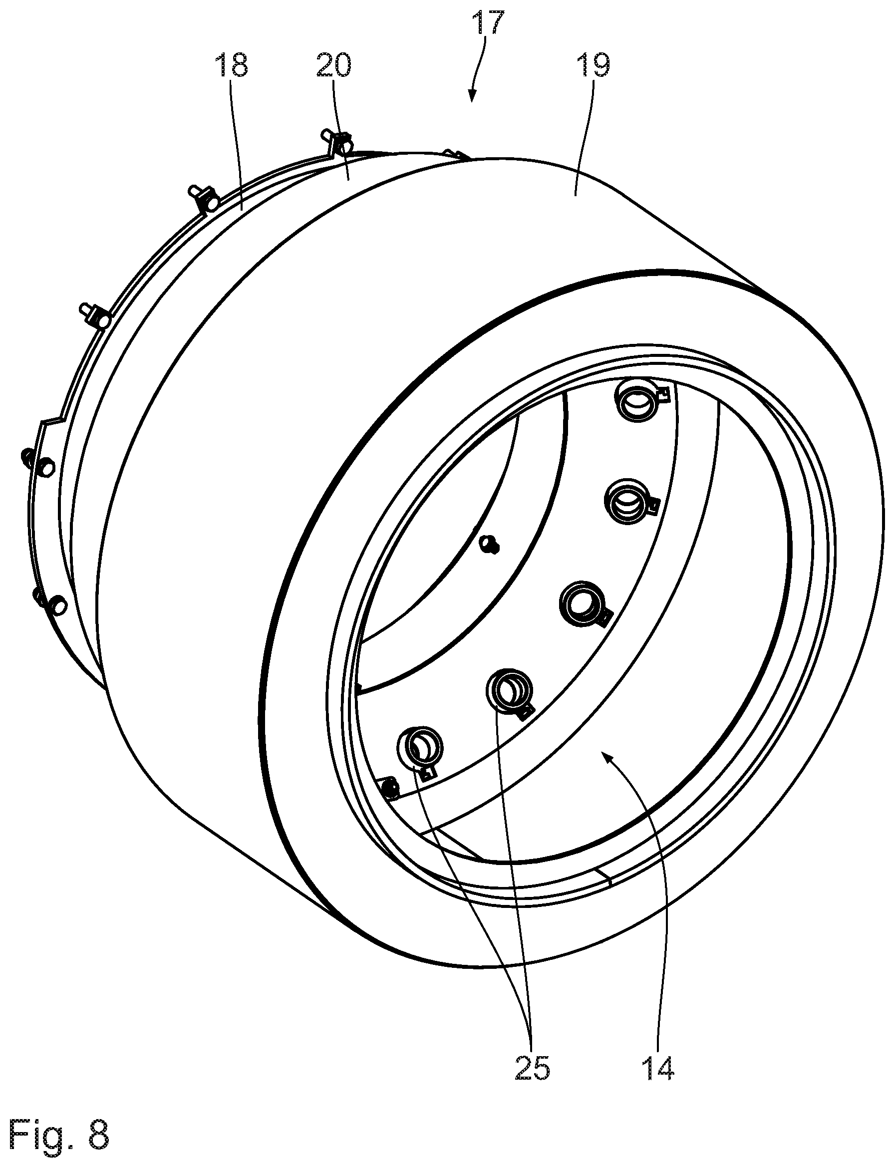 Patent US12590697 Figure 8 – Distribution ring for fuel in a burner, burner having such a distribution ring and drying drum having such a burner