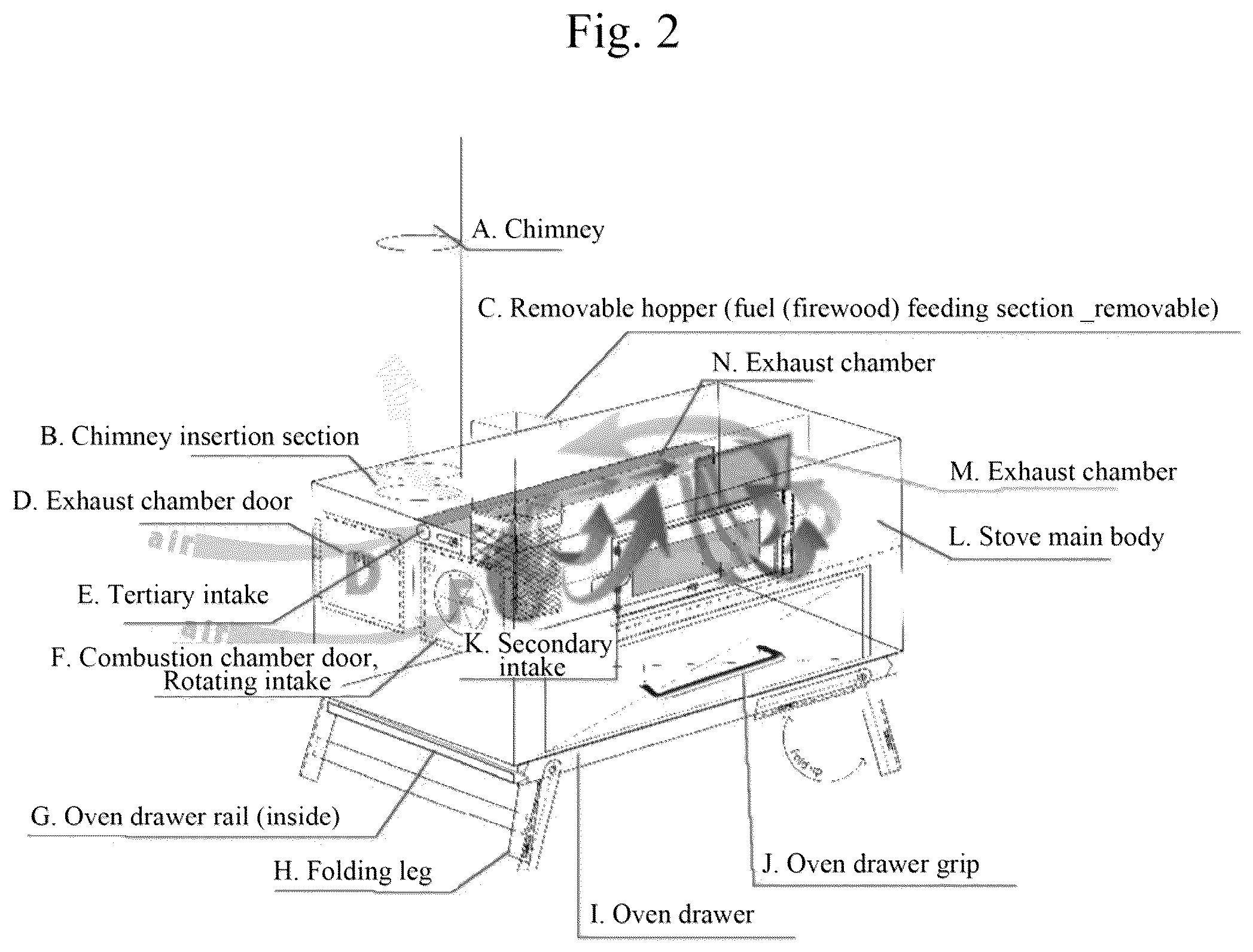 Patent US12590704 Figure 2 – Wood stove