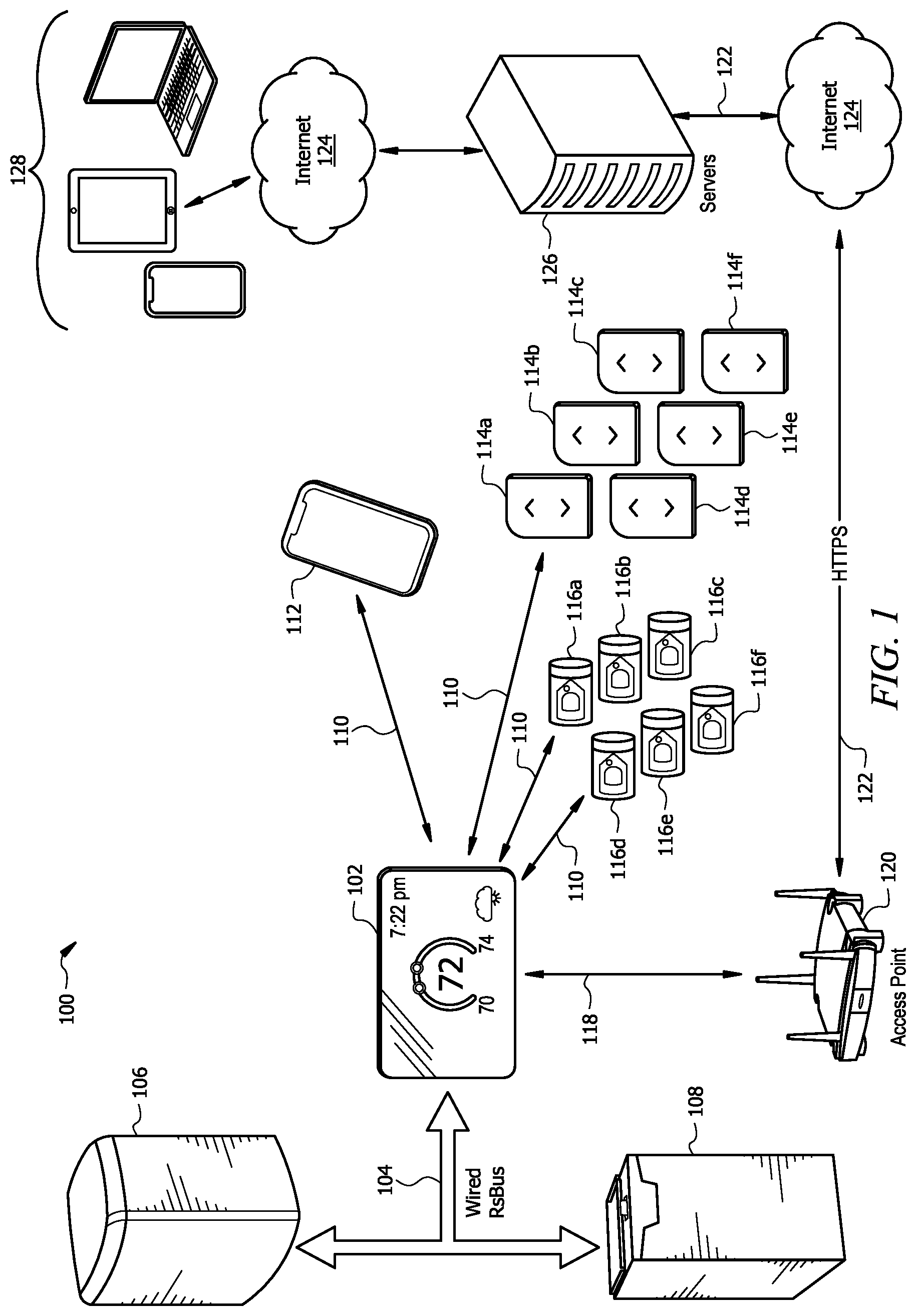 Patent US12590723 Figure 1 – HVAC system with wireless damper and zoning control