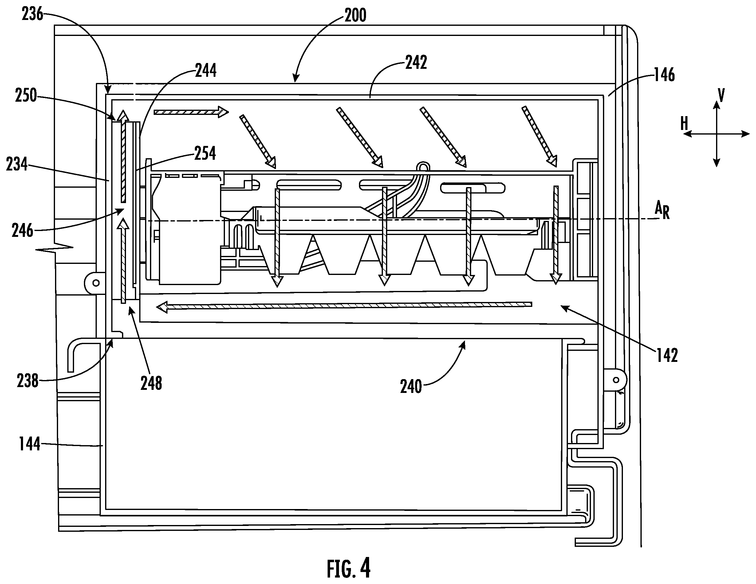 Patent US12590746 Figure 4 – Refrigerator and ice making assembly for producing high-quality ice