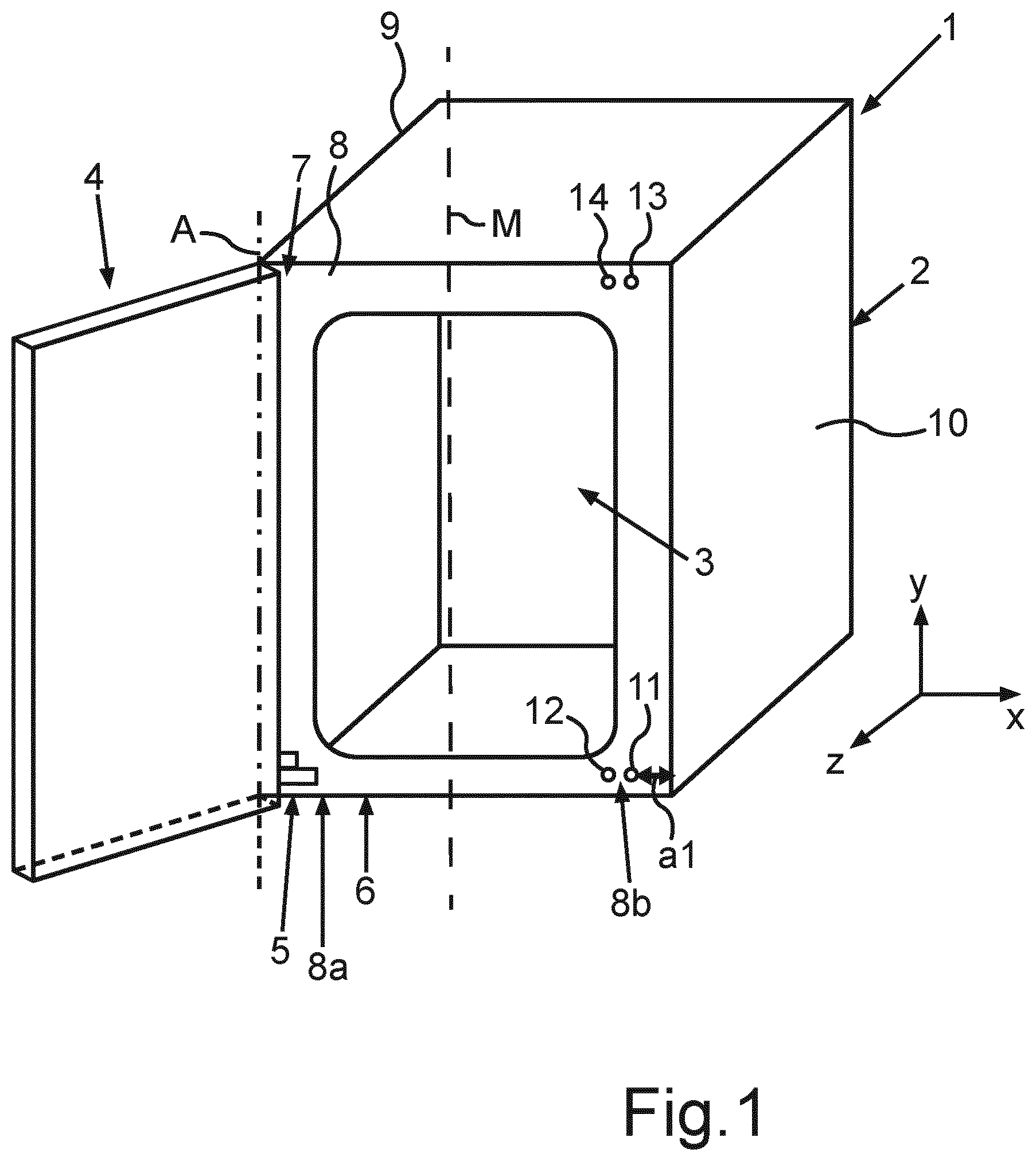 Patent US12590751 Figure 1 – Domestic appliance having a symmetrical bracket of a hinge for a door