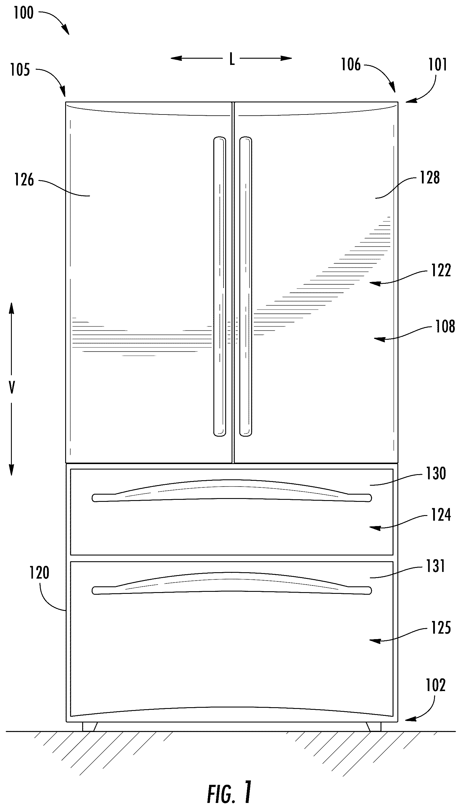 Patent US12590755 Figure 1 – Mullion guide element for a refrigerator appliance