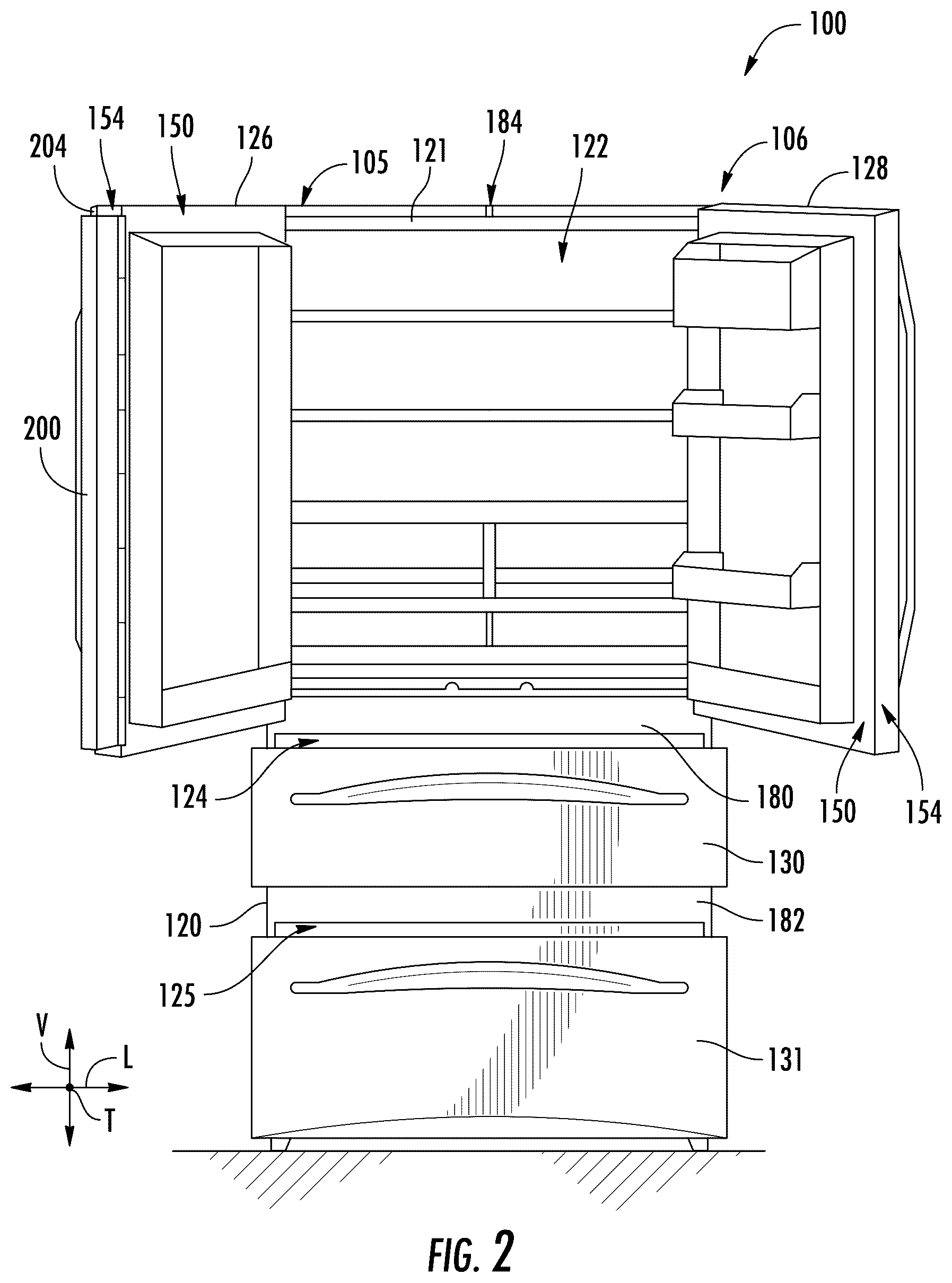Patent US12590755 Figure 2 – Mullion guide element for a refrigerator appliance
