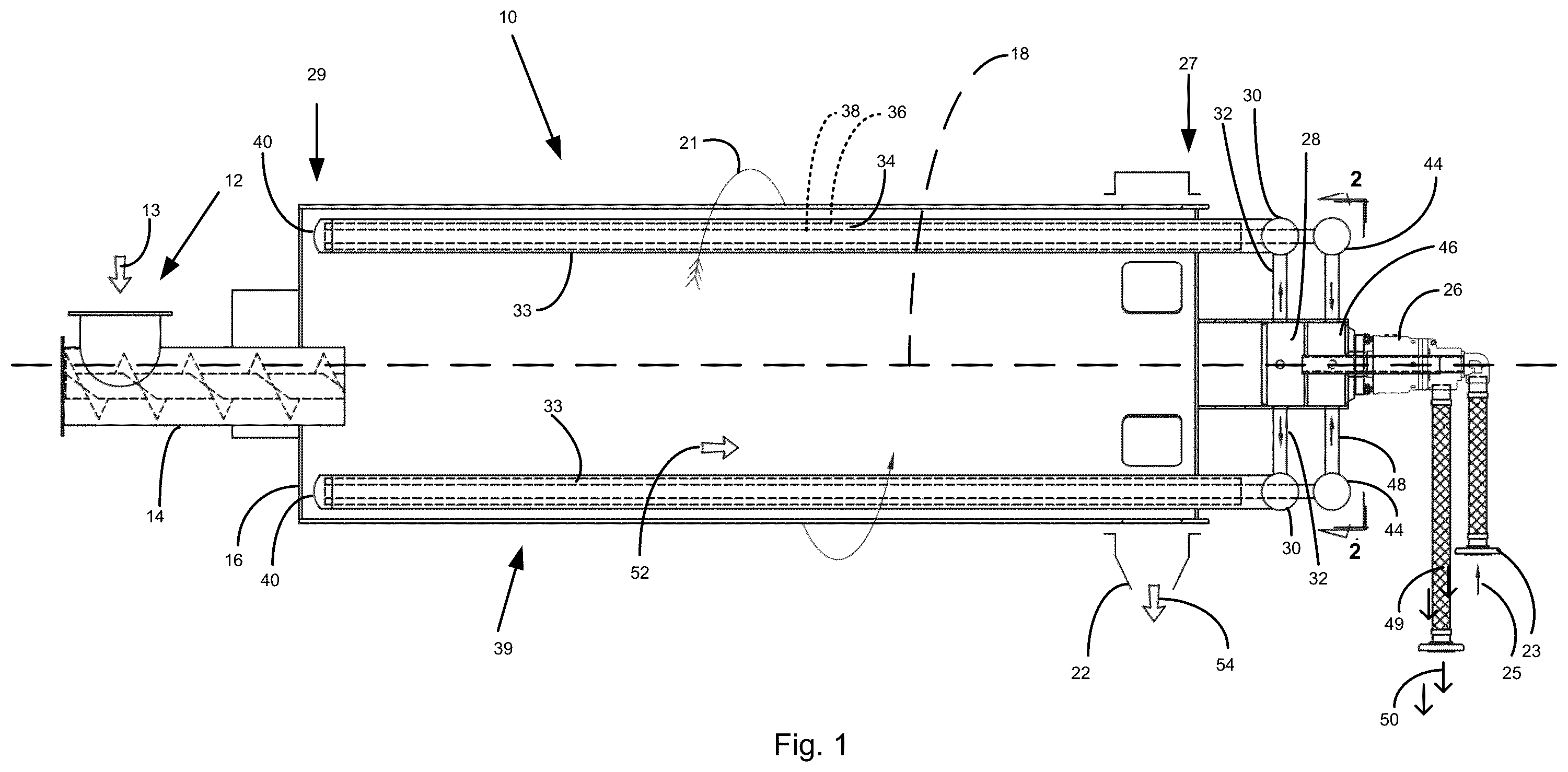 Patent US12590767 Figure 1 – Counterflow rotary cooler