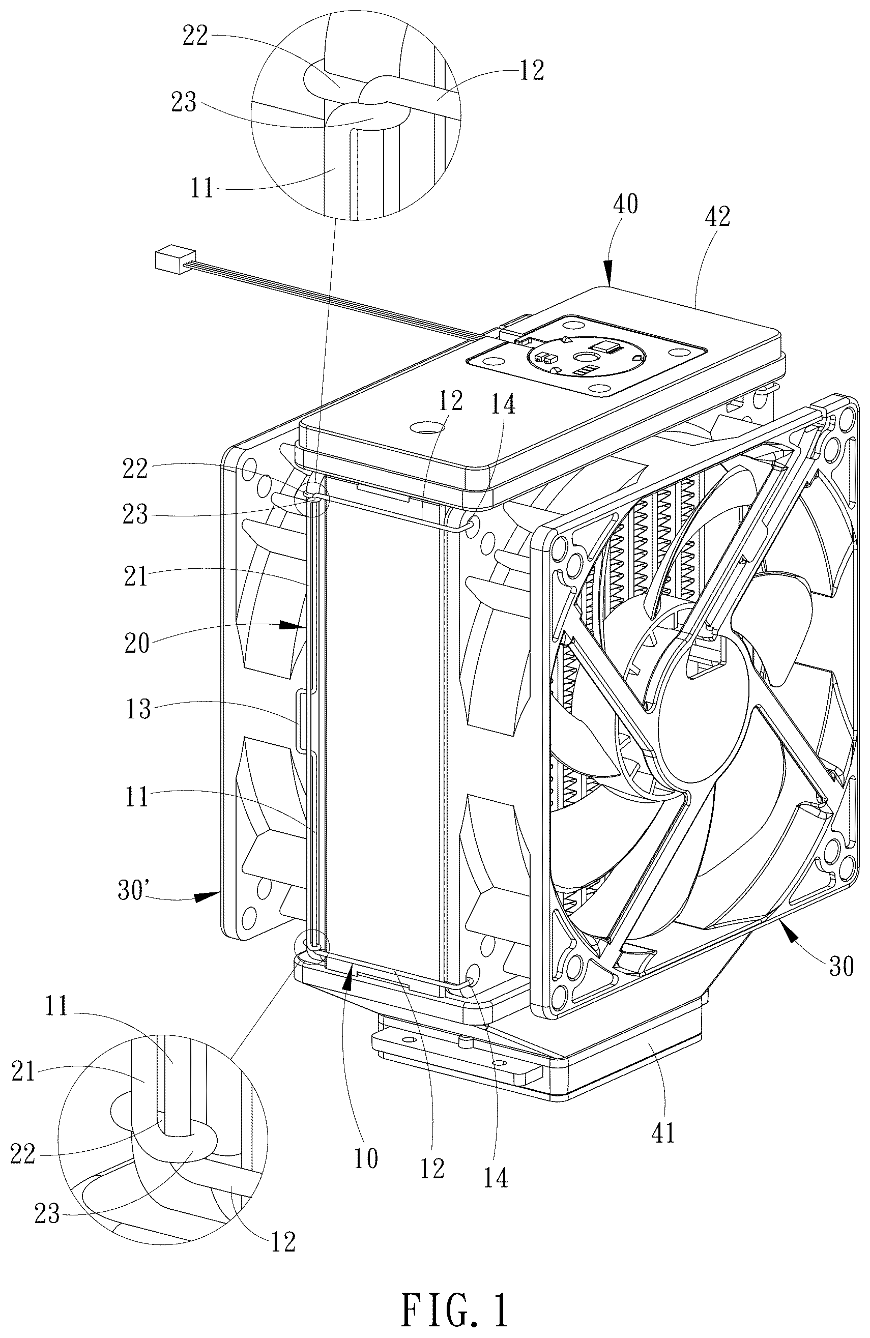 Patent US12590768 Figure 1 – Radiator fan fixing buckle device and its assembly structure