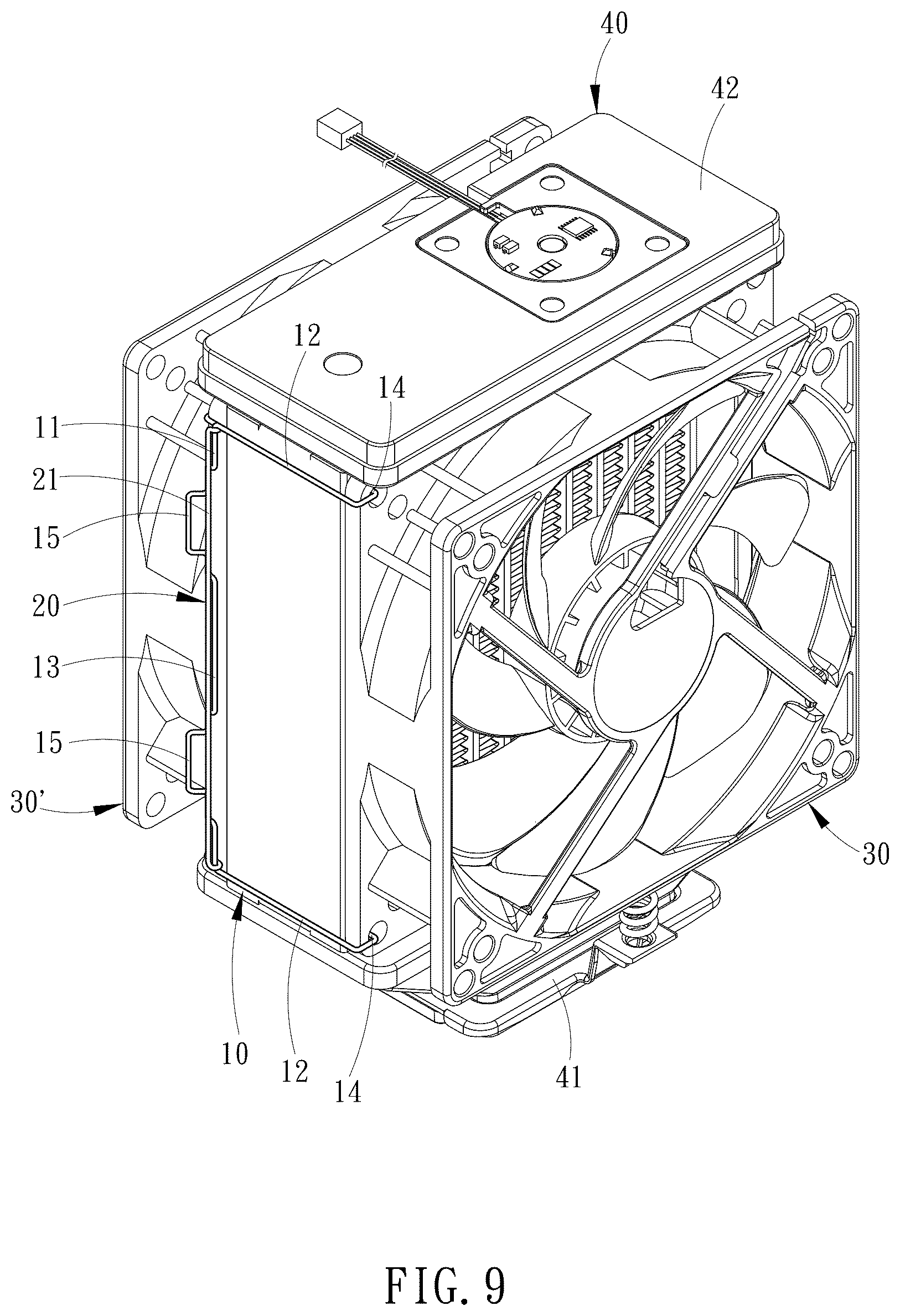 Patent US12590768 Figure 9 – Radiator fan fixing buckle device and its assembly structure
