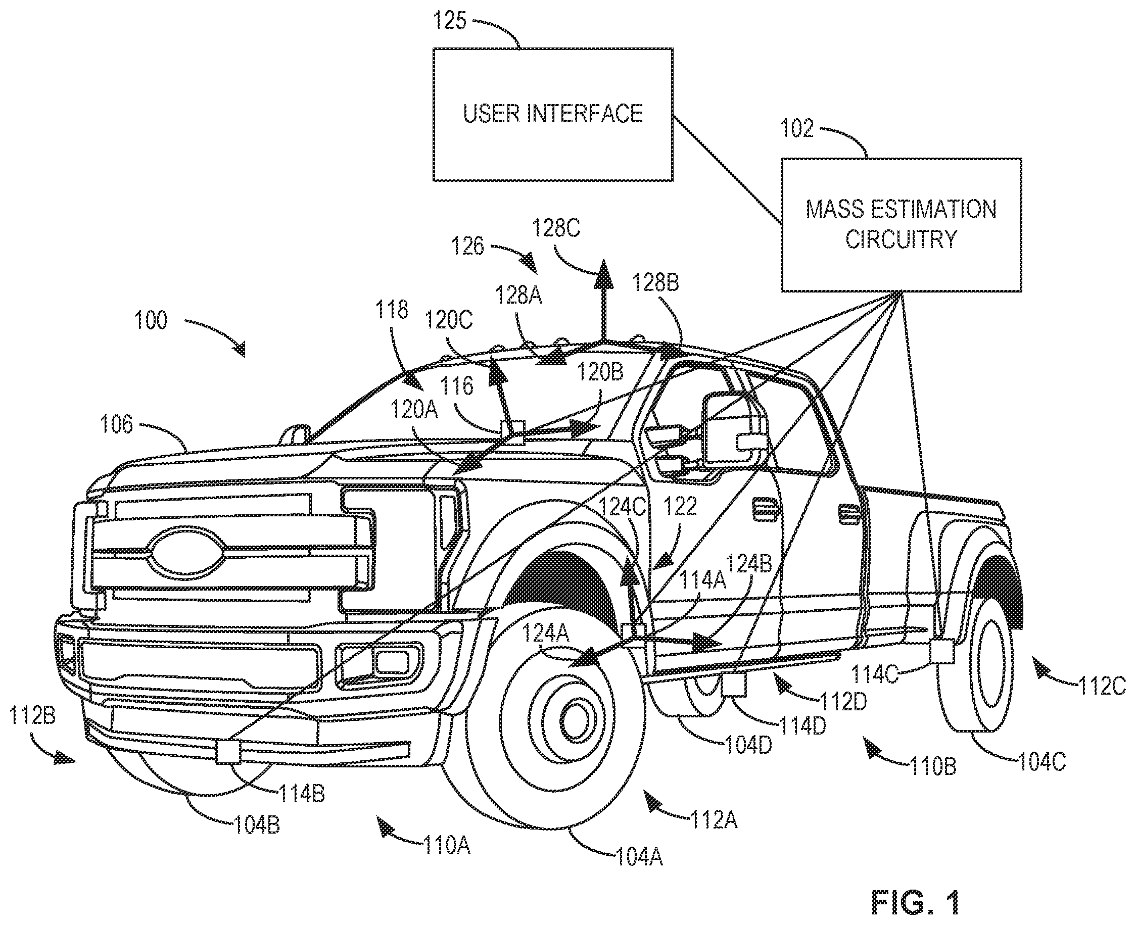 Patent US12590828 Figure 1 – Methods and apparatus for mass estimation for a vehicle