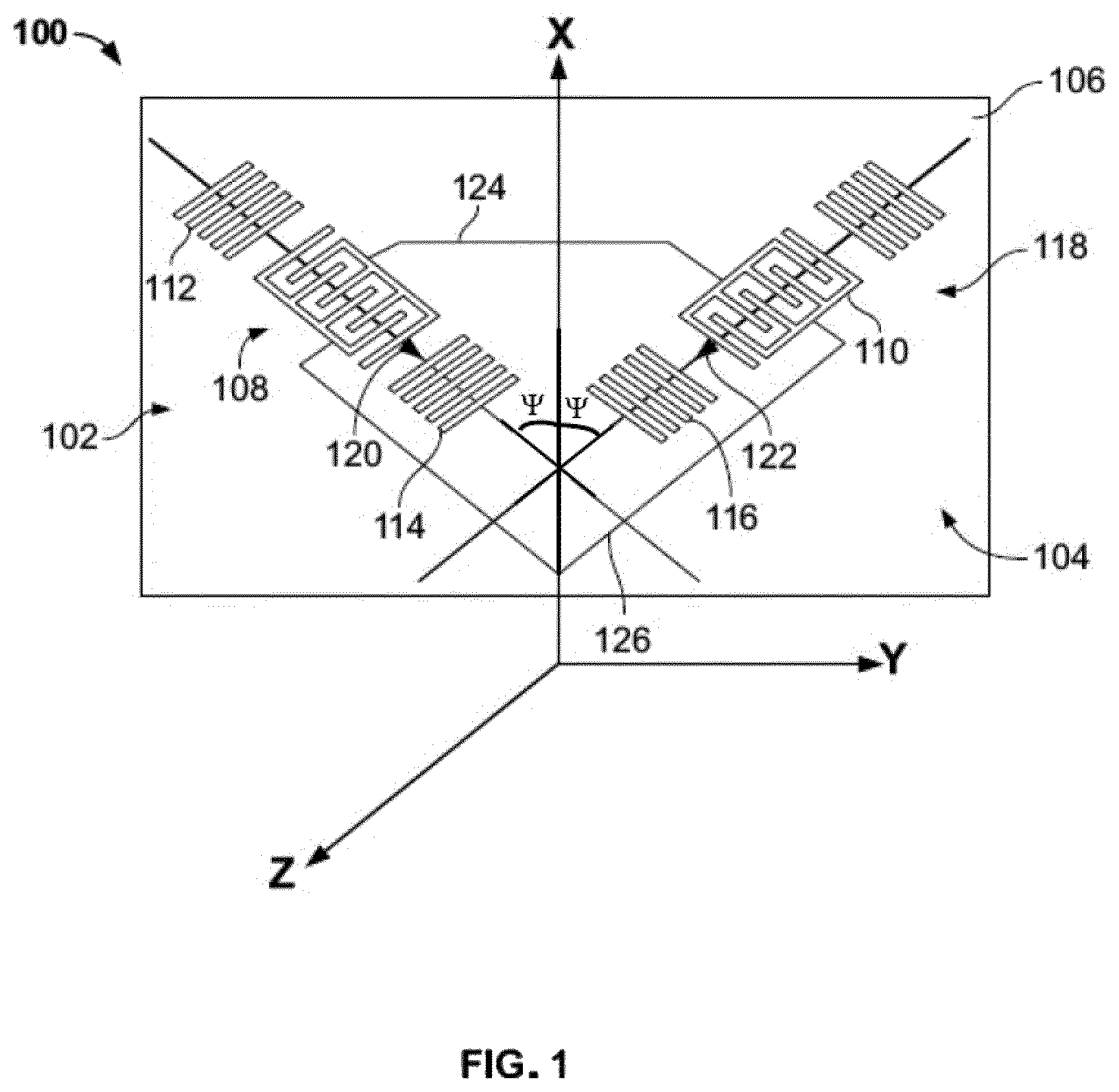 Patent US12590854 Figure 1 – Resonator device for measuring stress including at least two resonators each having a transducer between reflecting structures with a shared cavity