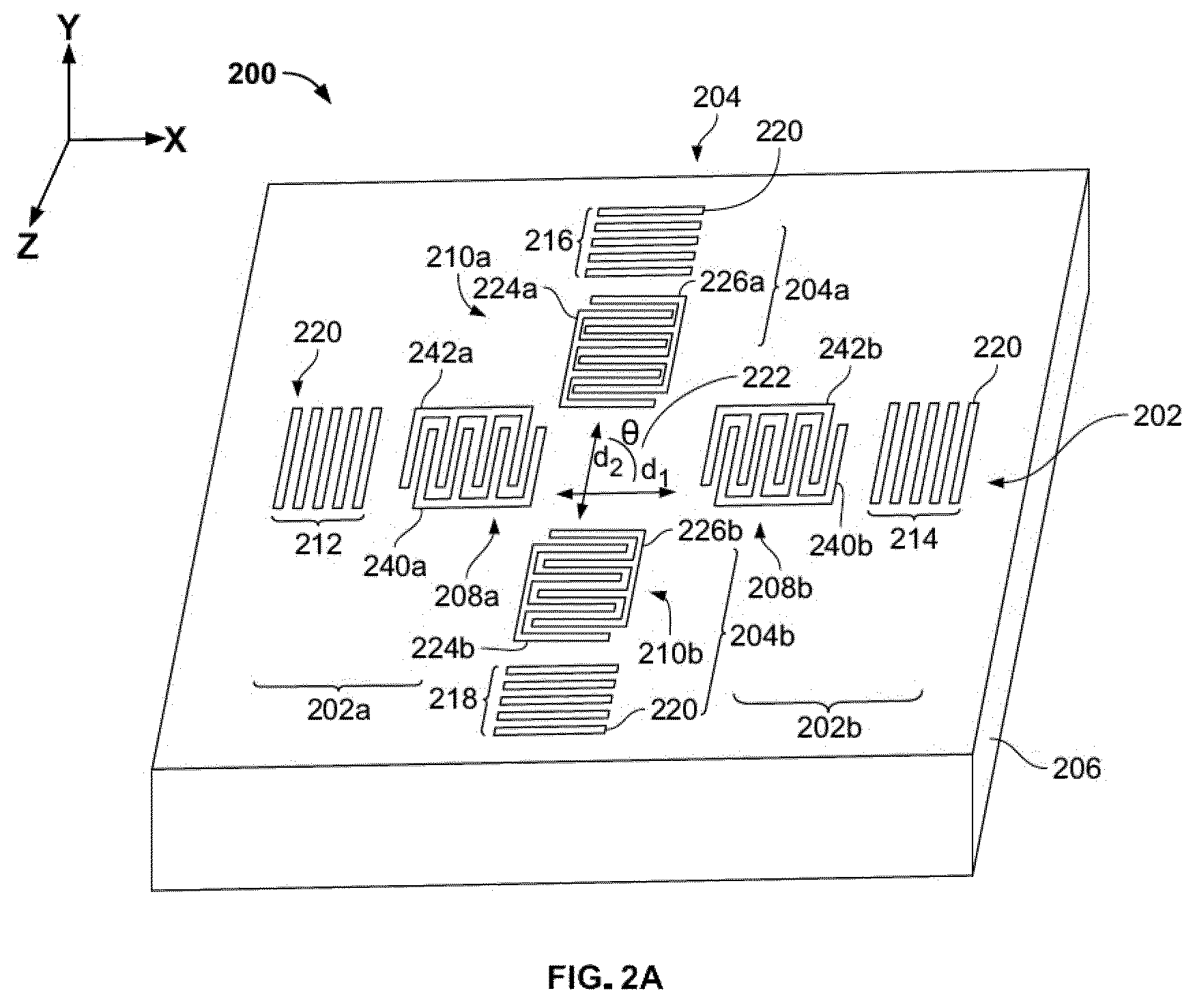Patent US12590854 Figure 2 – Resonator device for measuring stress including at least two resonators each having a transducer between reflecting structures with a shared cavity