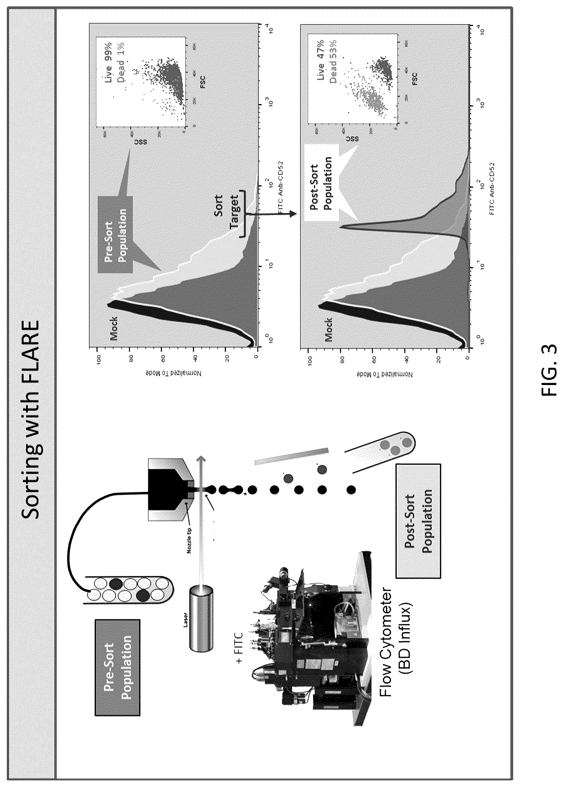 Patent US12590880 Figure 3 – Flare (flow cytometry attenuated reporter expression) technology for rapid bulk sorting