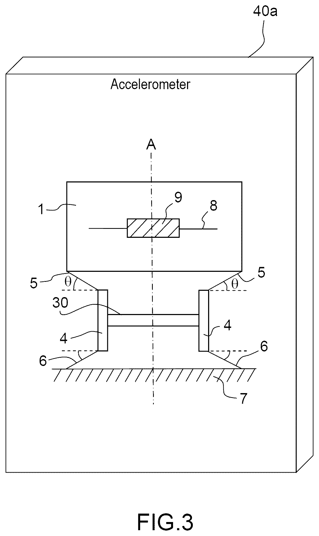 Patent US12590986 Figure 3 – Acceleration-measuring sensor assembly comprising an accelerometer subassembly with three measurement axes, and a seismic mass moving in a straight line along a principal axis A, which assembly is mounted in a housing and configured to determine an acceleration along a measurement axis Y