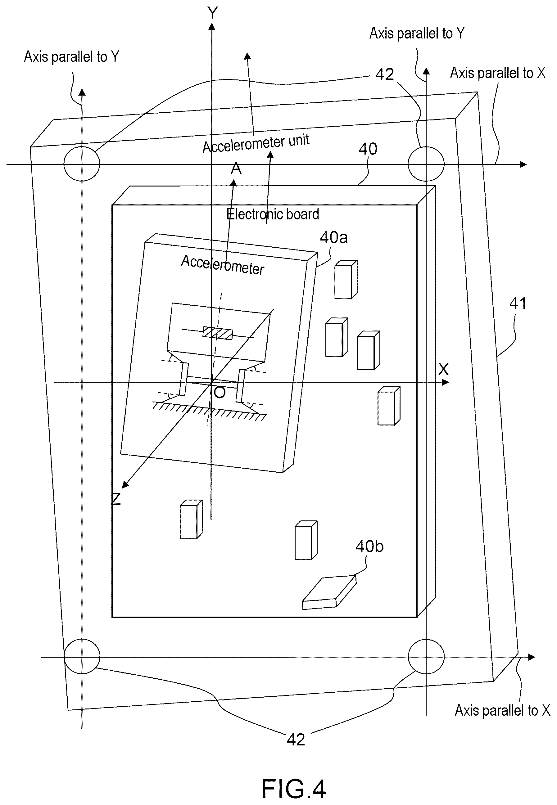 Patent US12590986 Figure 4 – Acceleration-measuring sensor assembly comprising an accelerometer subassembly with three measurement axes, and a seismic mass moving in a straight line along a principal axis A, which assembly is mounted in a housing and configured to determine an acceleration along a measurement axis Y