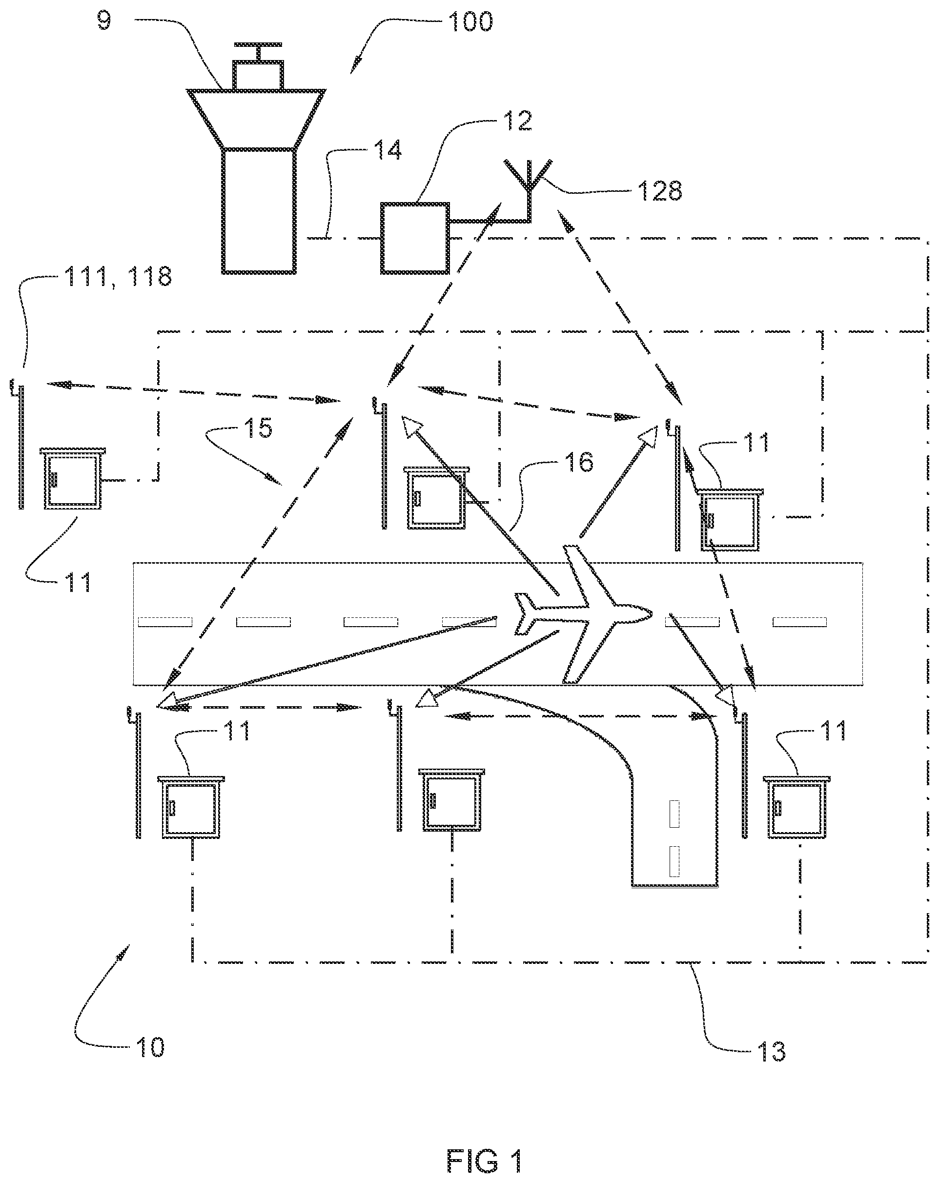 Patent US12591034 Figure 1 – Airfield multilateration system with private 5G cellular network