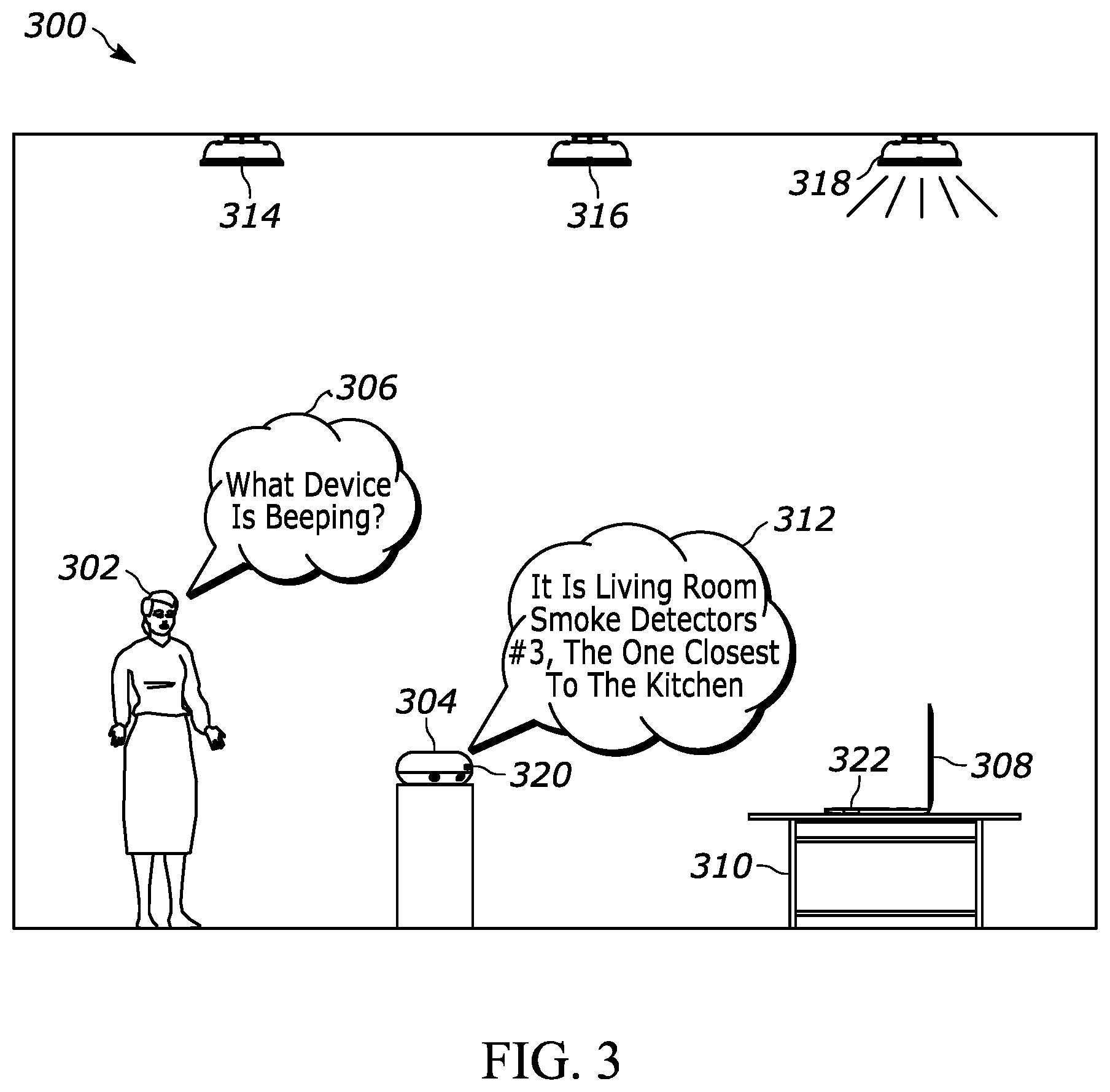 Patent US12591035 Figure 3 – Detection of device providing audible notification and presentation of ID/location of device in response