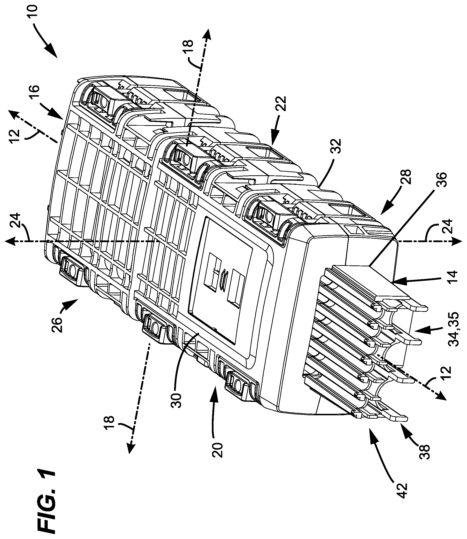Patent US12591098 Figure 1 – Sheath termination and ribbon orienting devices and methods for flat optical fiber ribbons