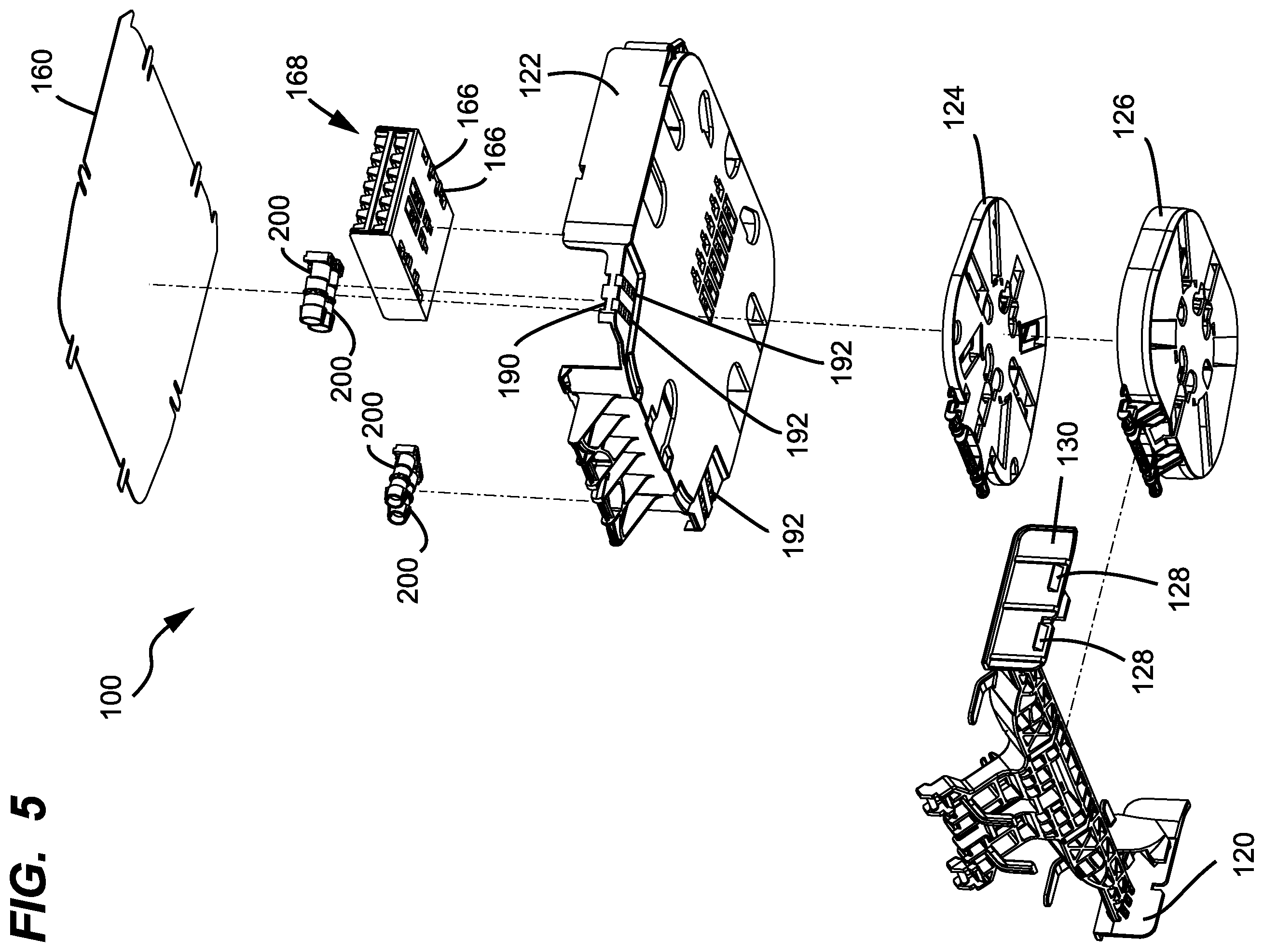 Patent US12591098 Figure 5 – Sheath termination and ribbon orienting devices and methods for flat optical fiber ribbons