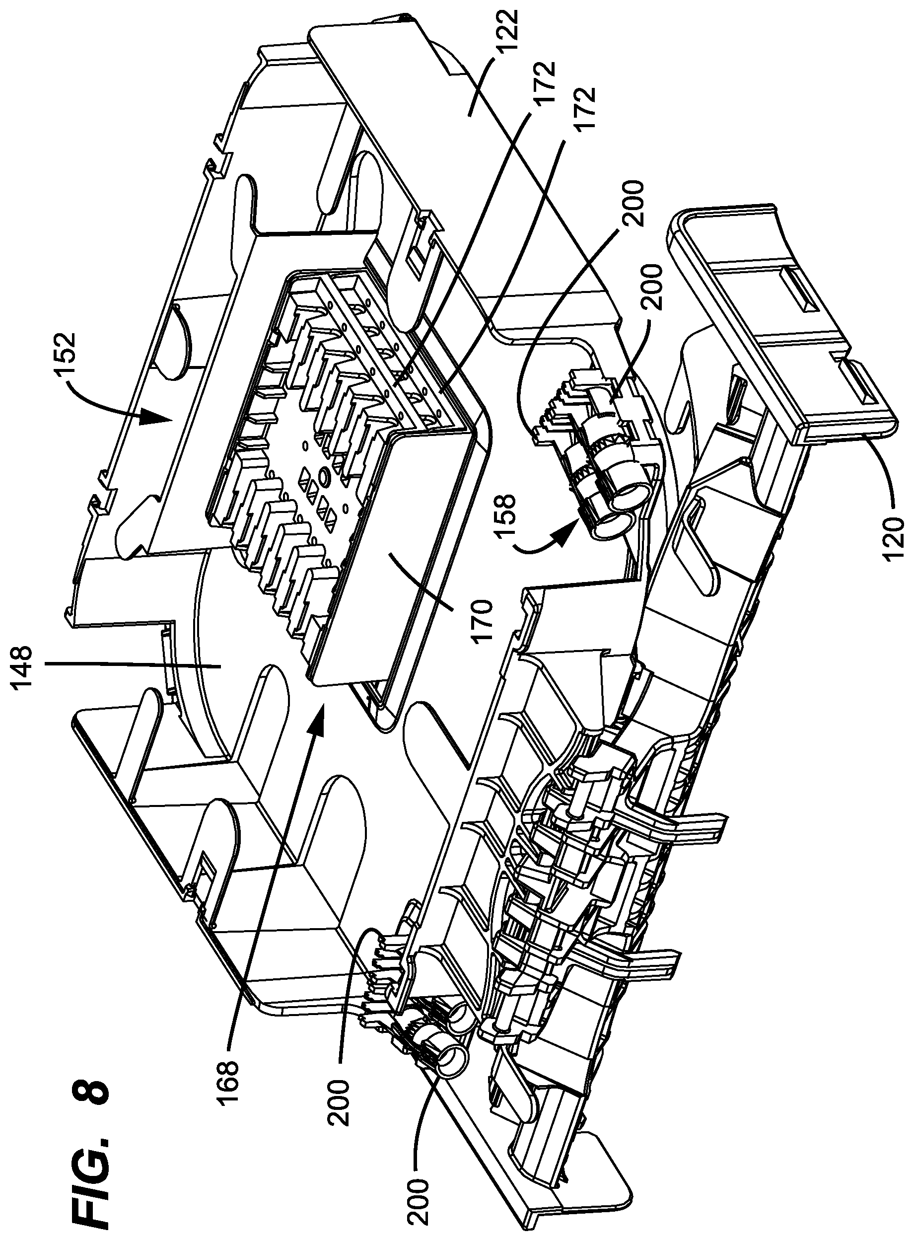 Patent US12591098 Figure 8 – Sheath termination and ribbon orienting devices and methods for flat optical fiber ribbons