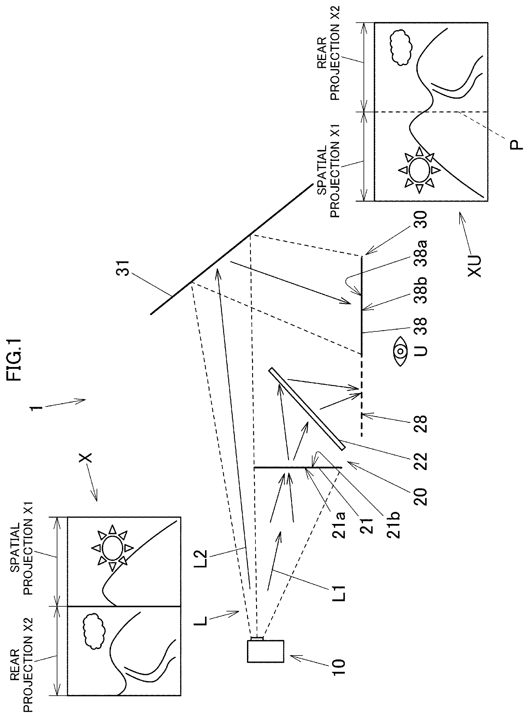 Patent US12591146 Figure 1 – Projector and projection method for forming images on aerial projection region and real projection surface