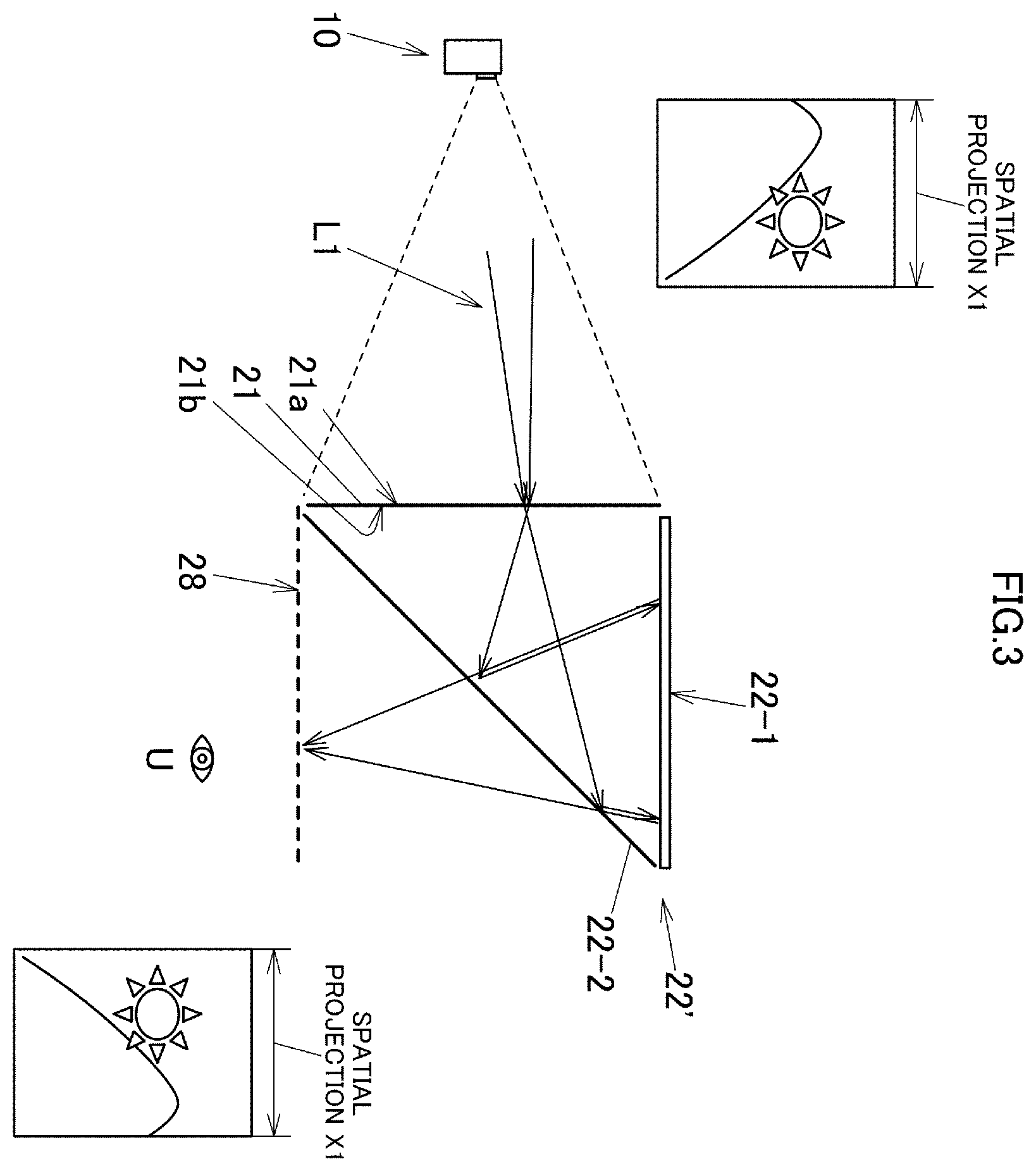 Patent US12591146 Figure 3 – Projector and projection method for forming images on aerial projection region and real projection surface
