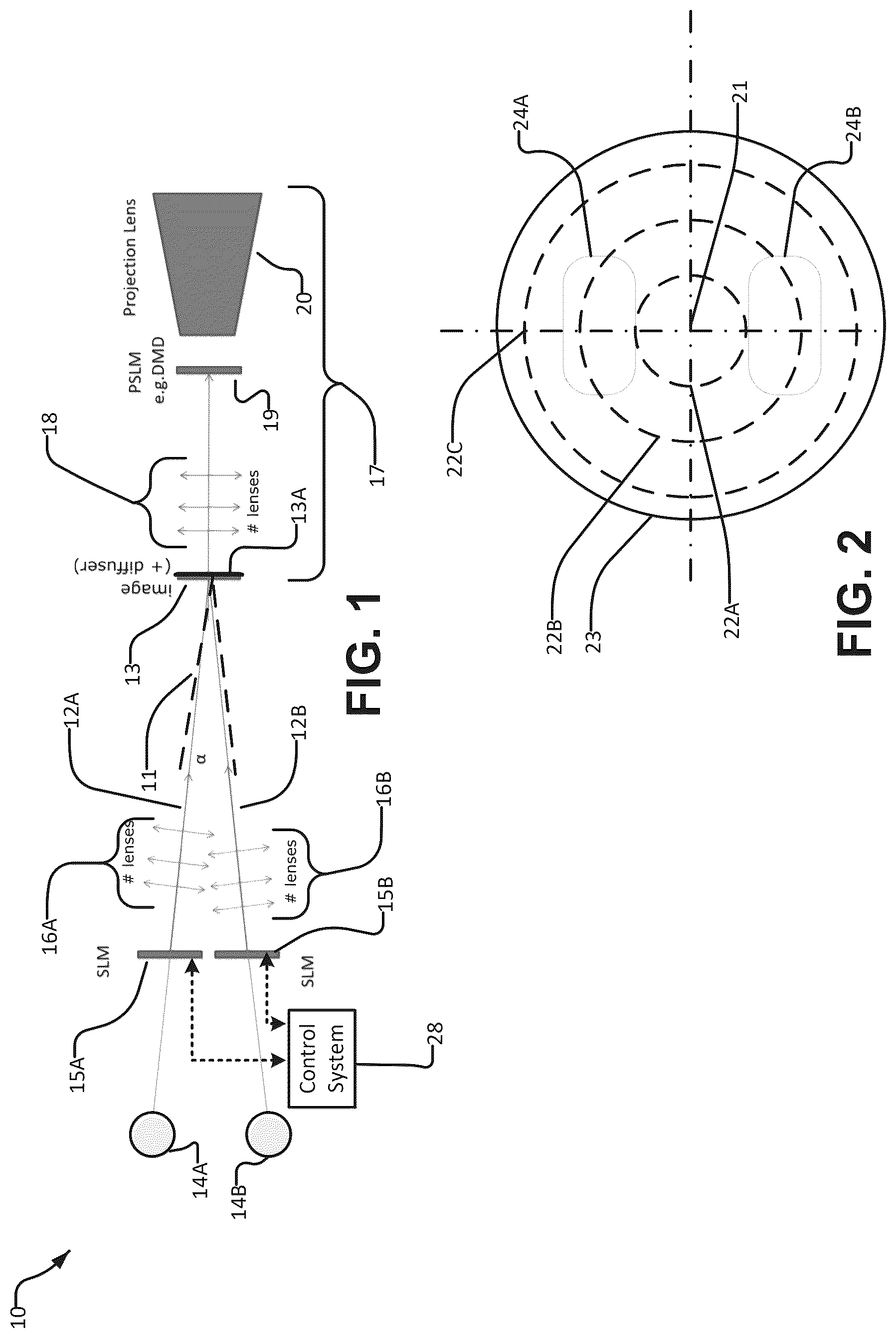 Patent US12591170 Figure 1 – Optical projection with combined beams