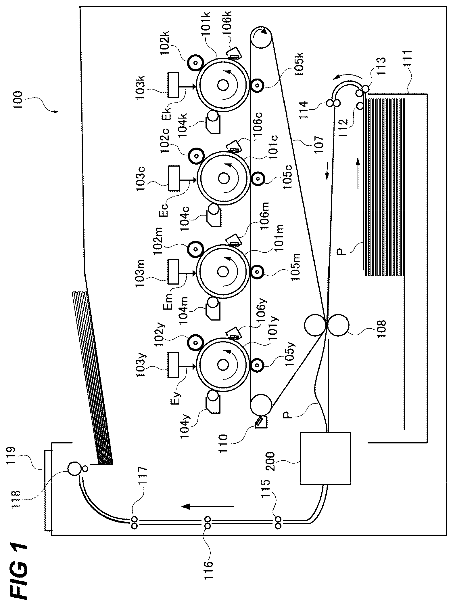 Patent US12591193 Figure 1 – Fixing device including first and second heating members disposed at different locations along a traveling direction of a recording material