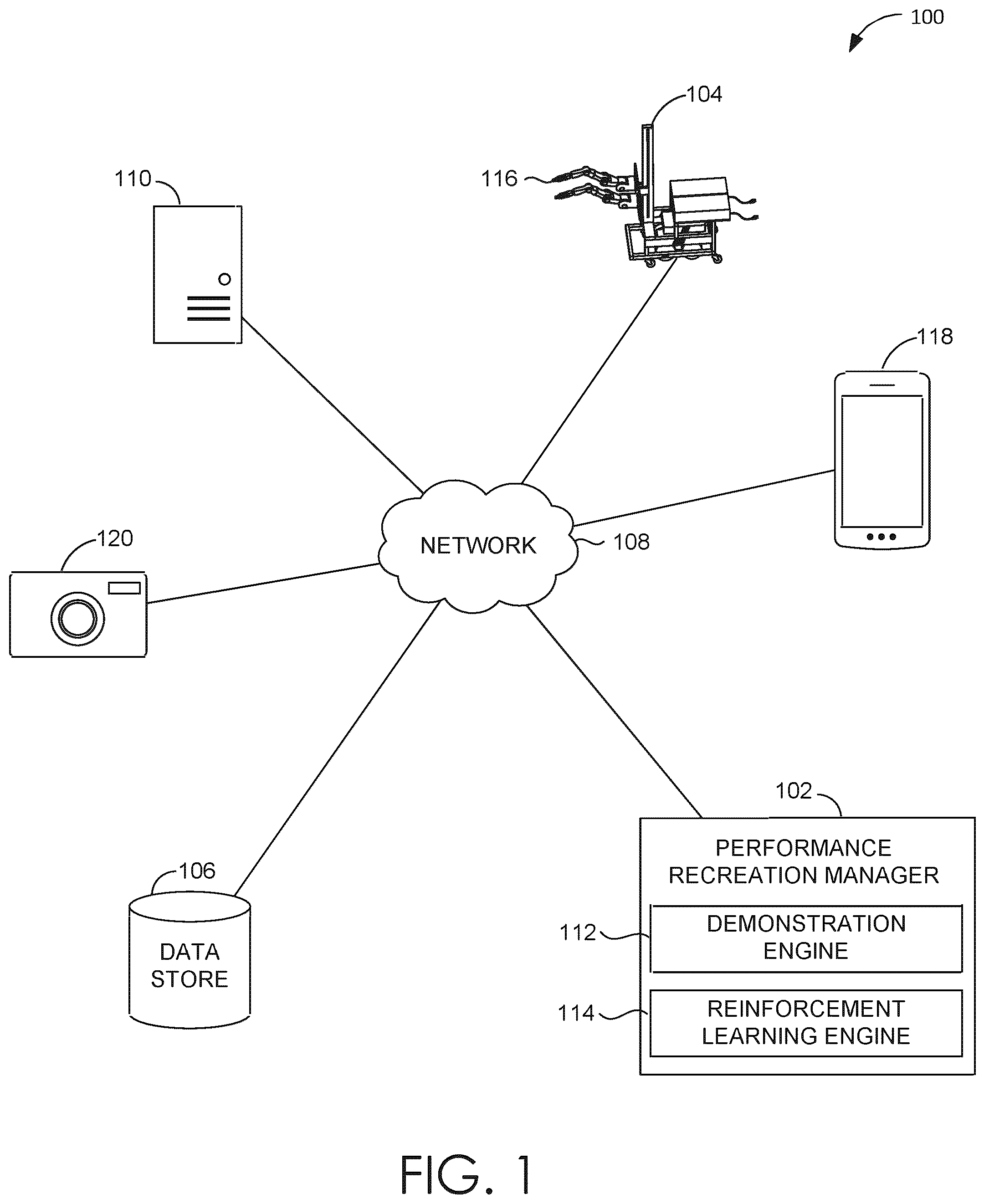 Patent US12591229 Figure 1 – Performance recreation system