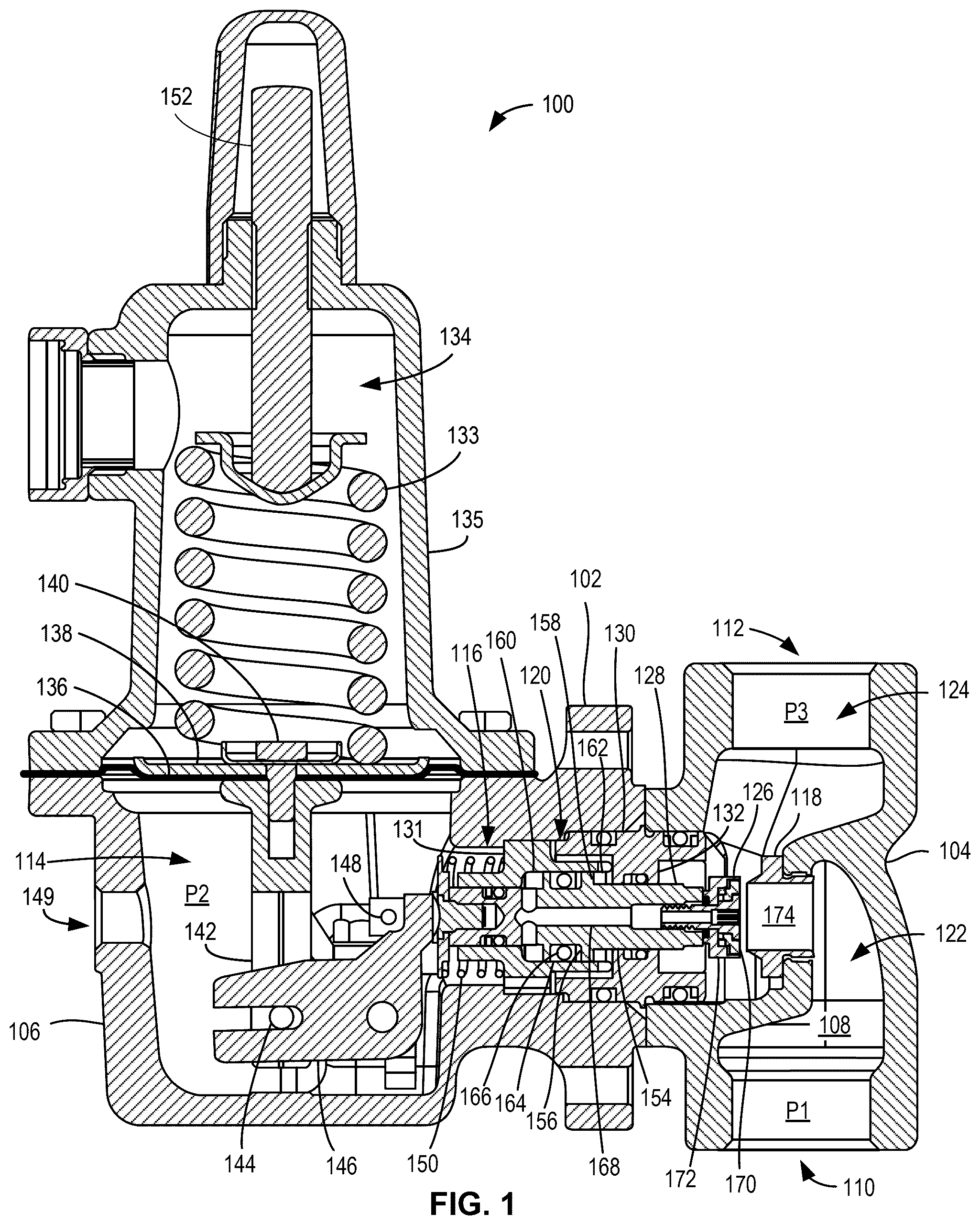 Patent US12591257 — Pressure regulators with pivotable valve disk assemblies — Figure 1