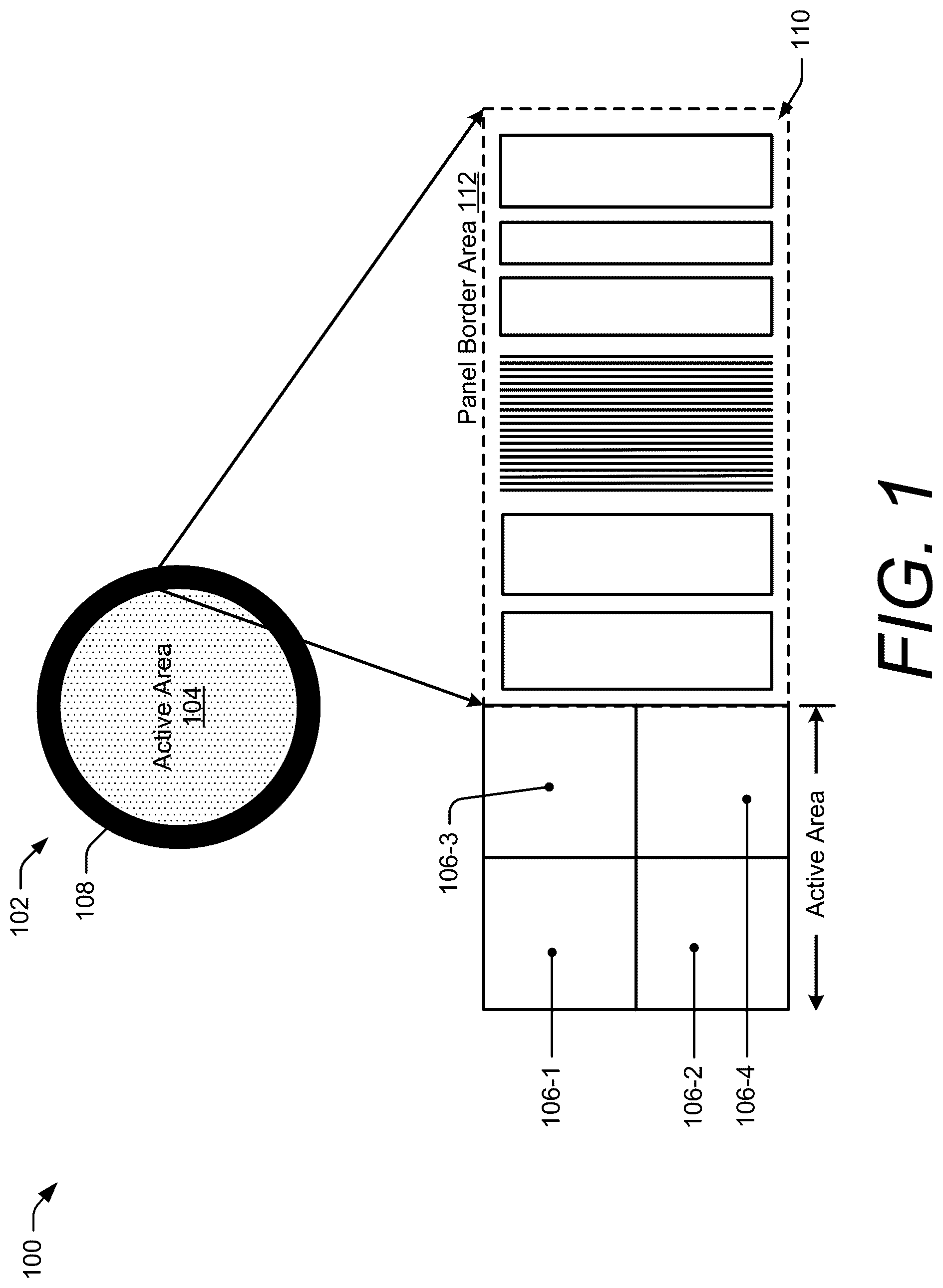 Patent US12591326 Figure 1 – Touch sensor integration with enlarged active area displays