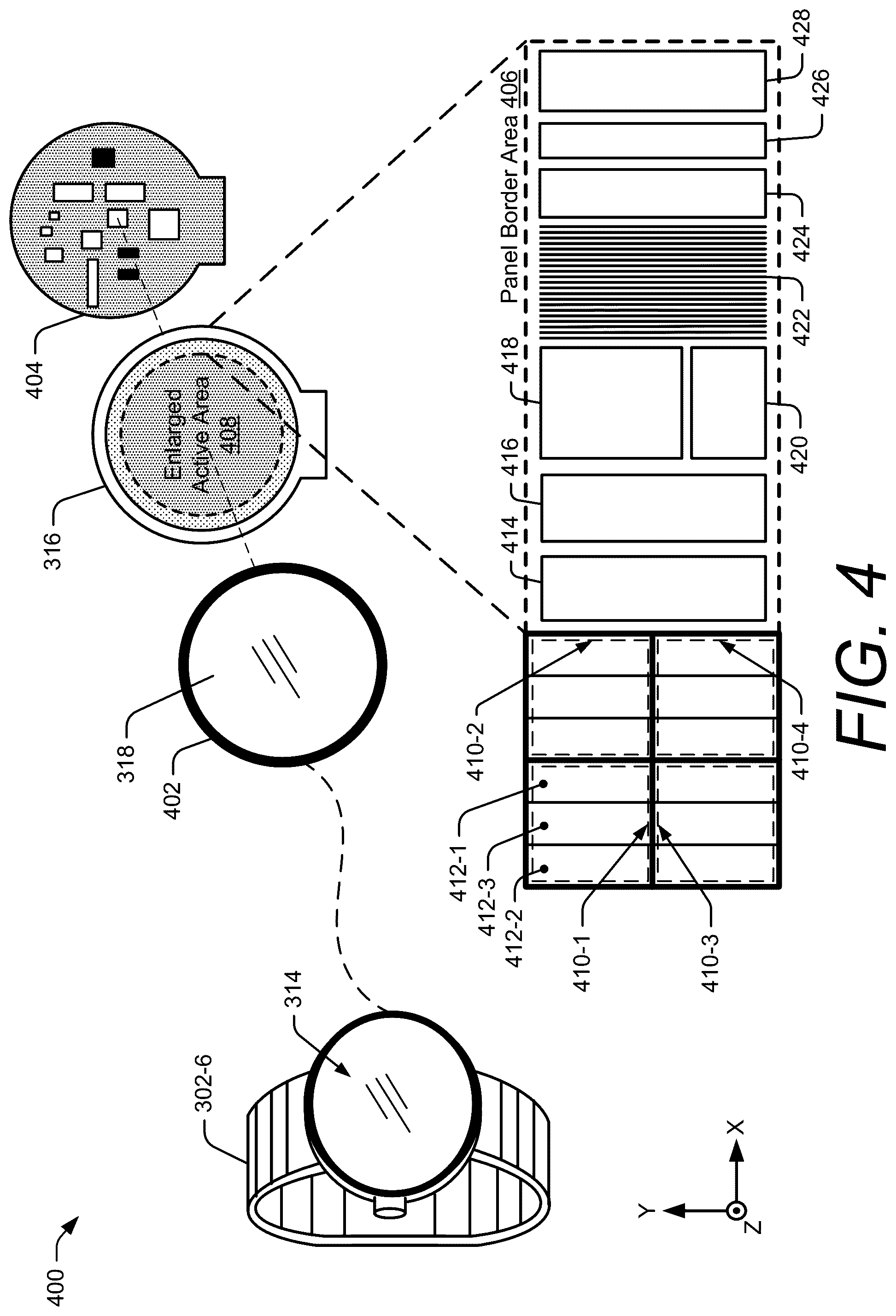 Patent US12591326 Figure 4 – Touch sensor integration with enlarged active area displays