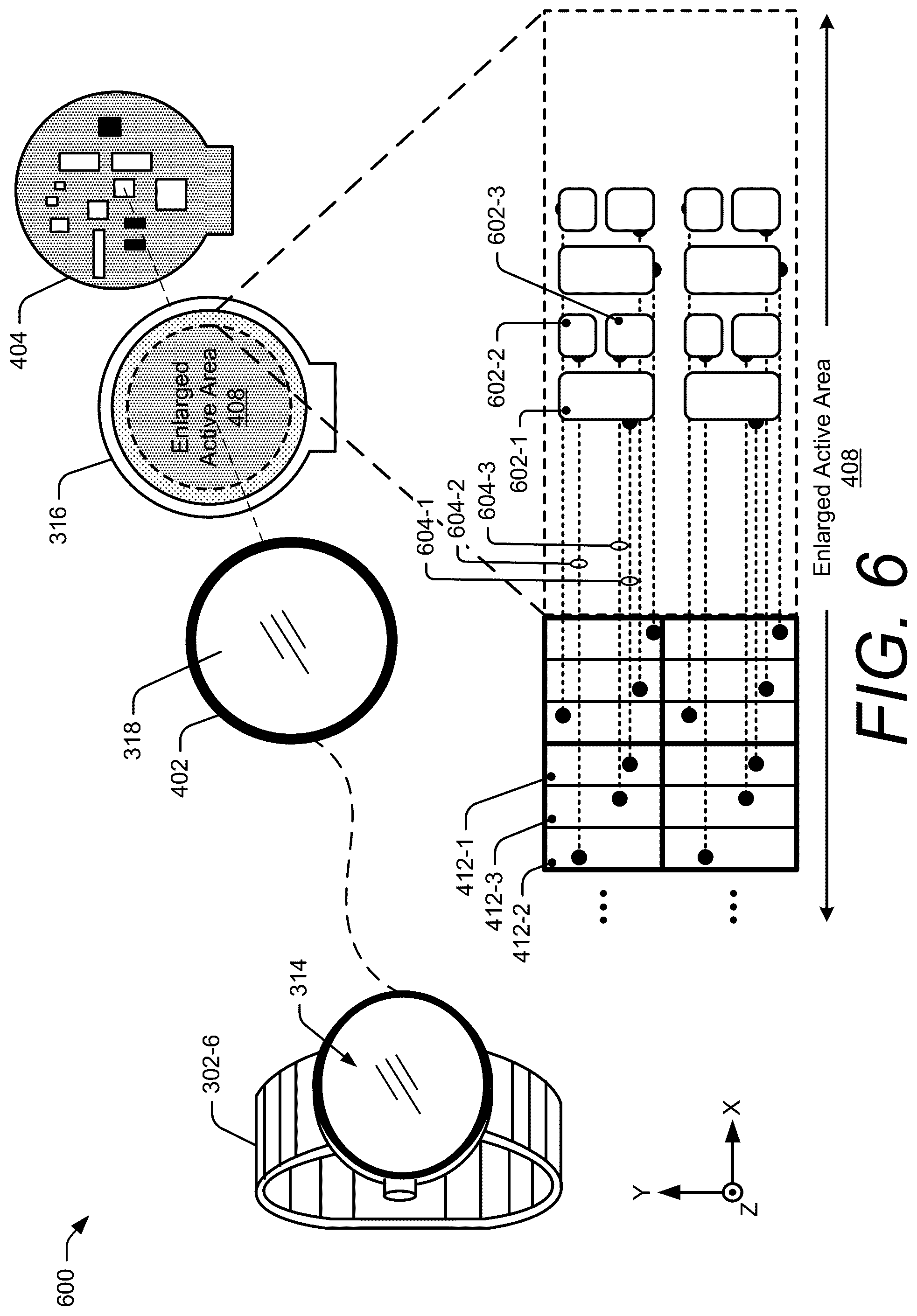Patent US12591326 Figure 6 – Touch sensor integration with enlarged active area displays