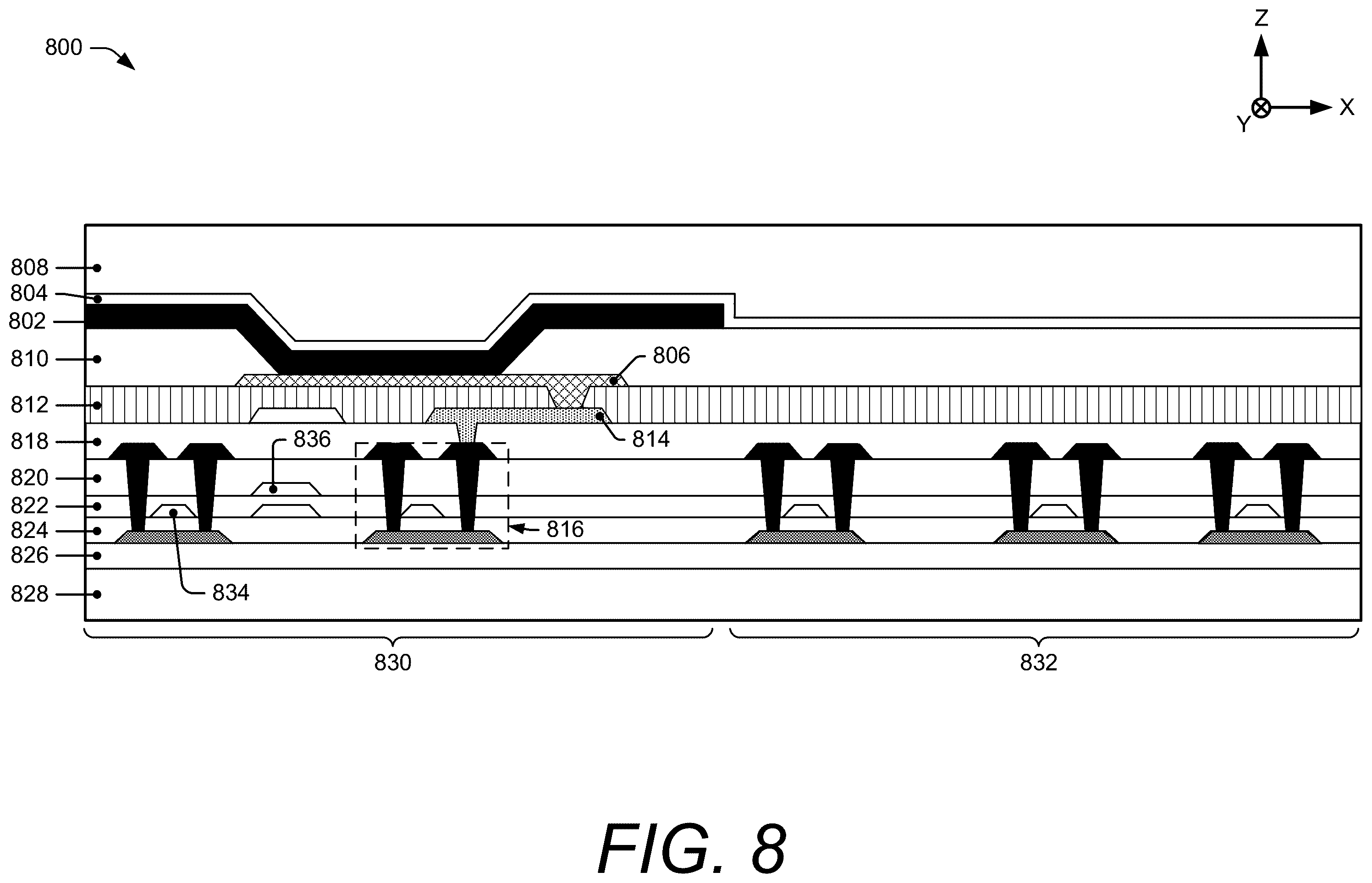 Patent US12591326 Figure 8 – Touch sensor integration with enlarged active area displays