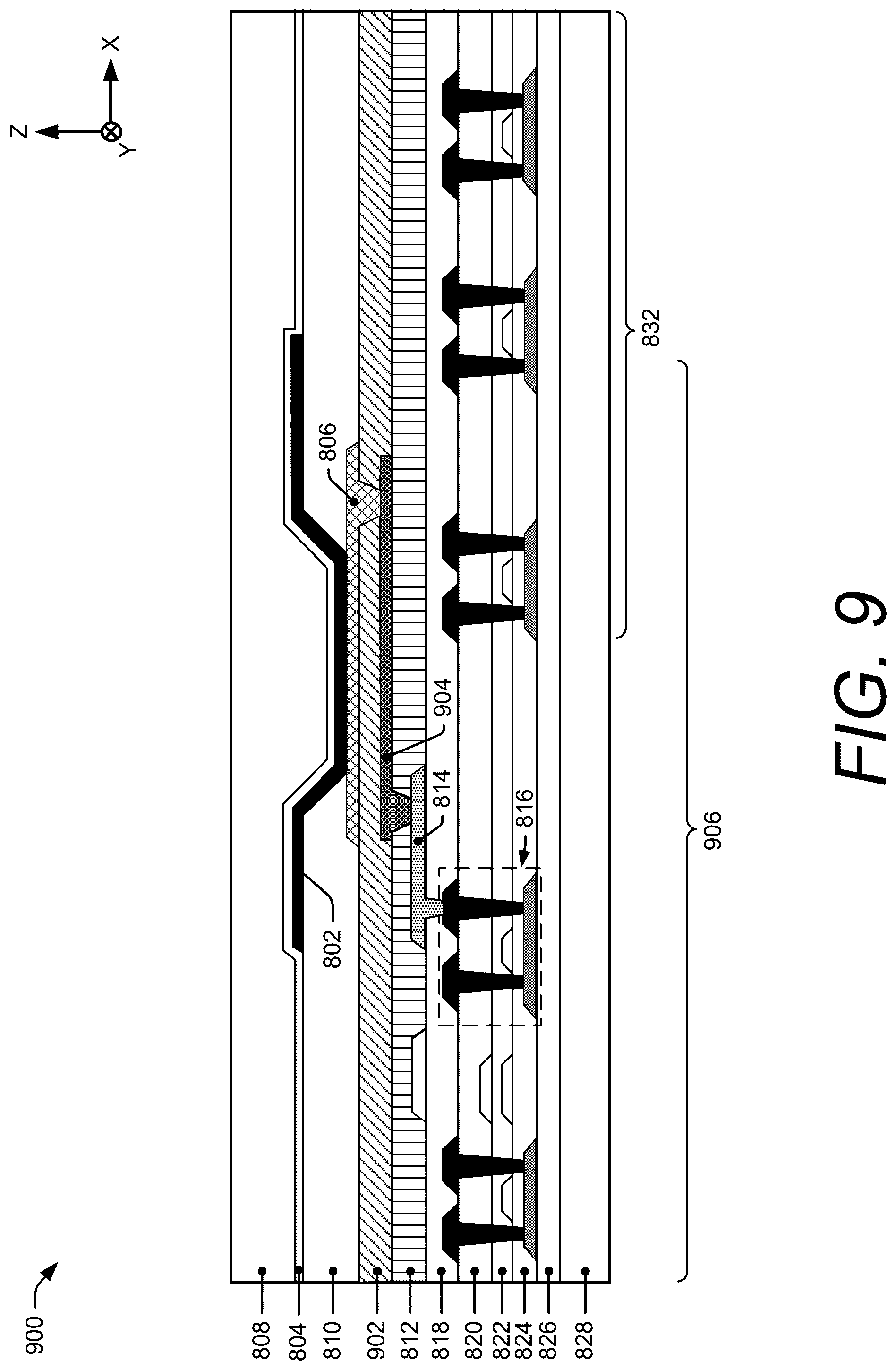 Patent US12591326 Figure 9 – Touch sensor integration with enlarged active area displays