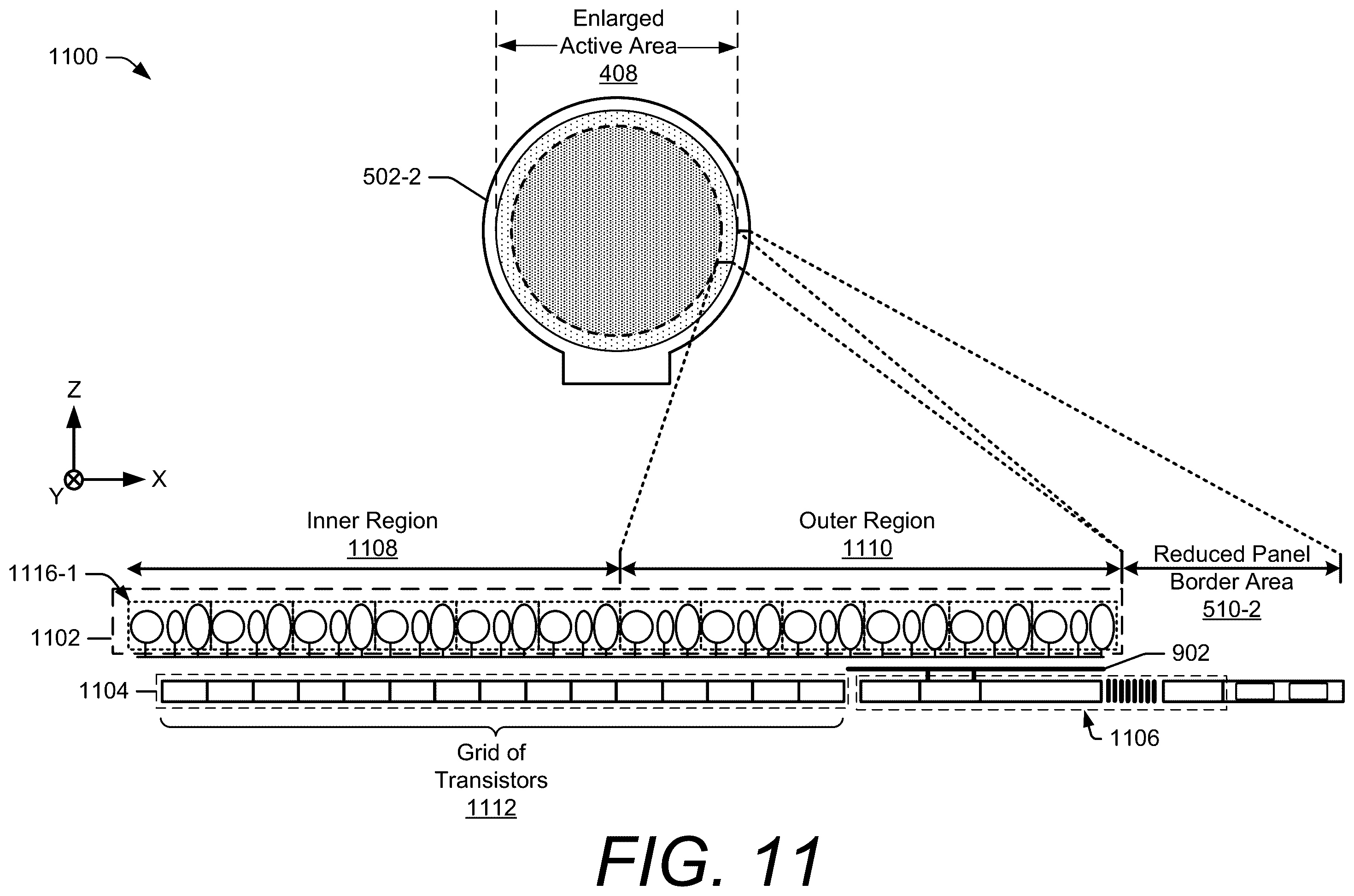 Patent US12591326 Figure 11 – Touch sensor integration with enlarged active area displays