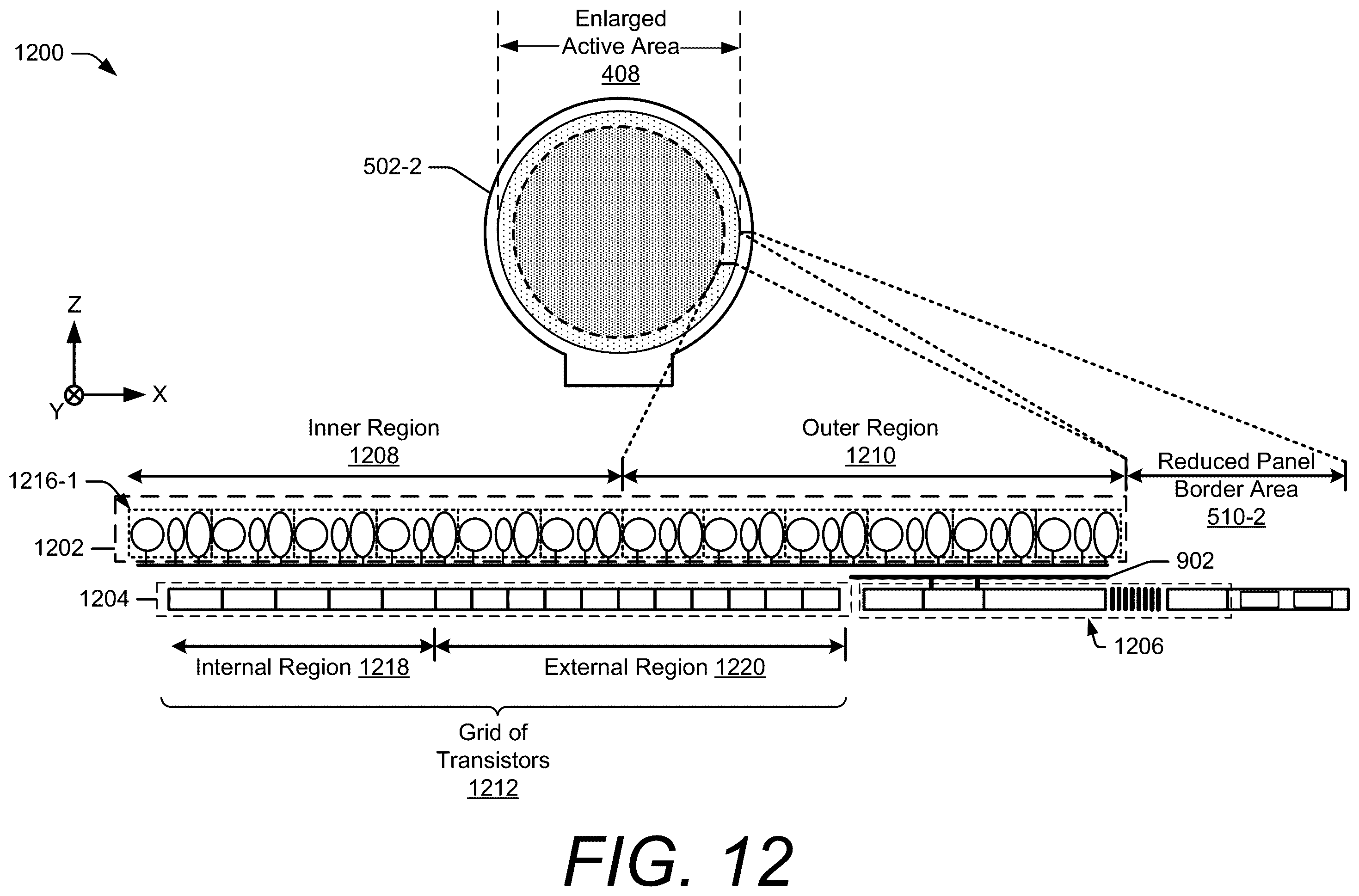 Patent US12591326 Figure 12 – Touch sensor integration with enlarged active area displays
