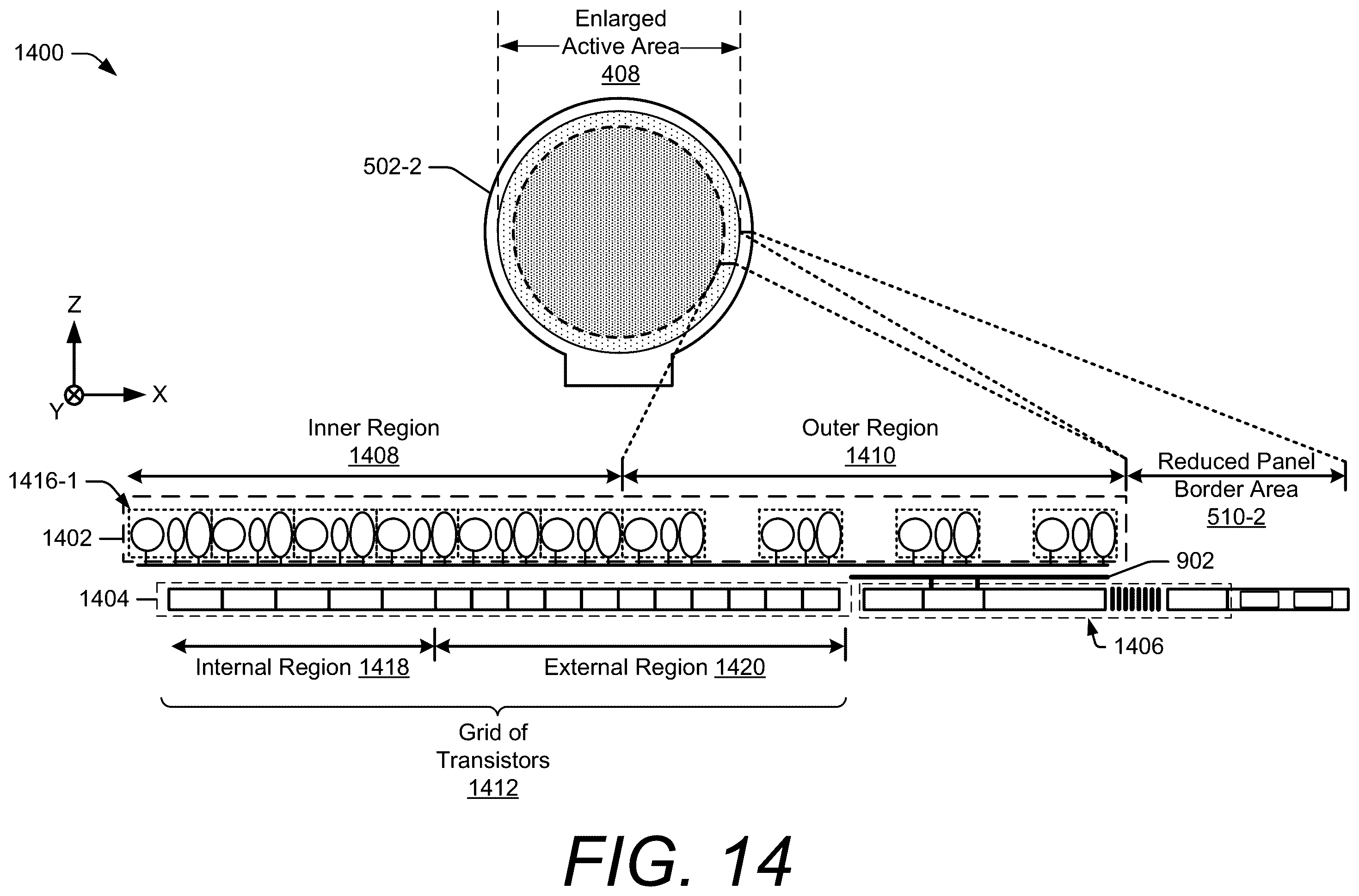 Patent US12591326 Figure 14 – Touch sensor integration with enlarged active area displays