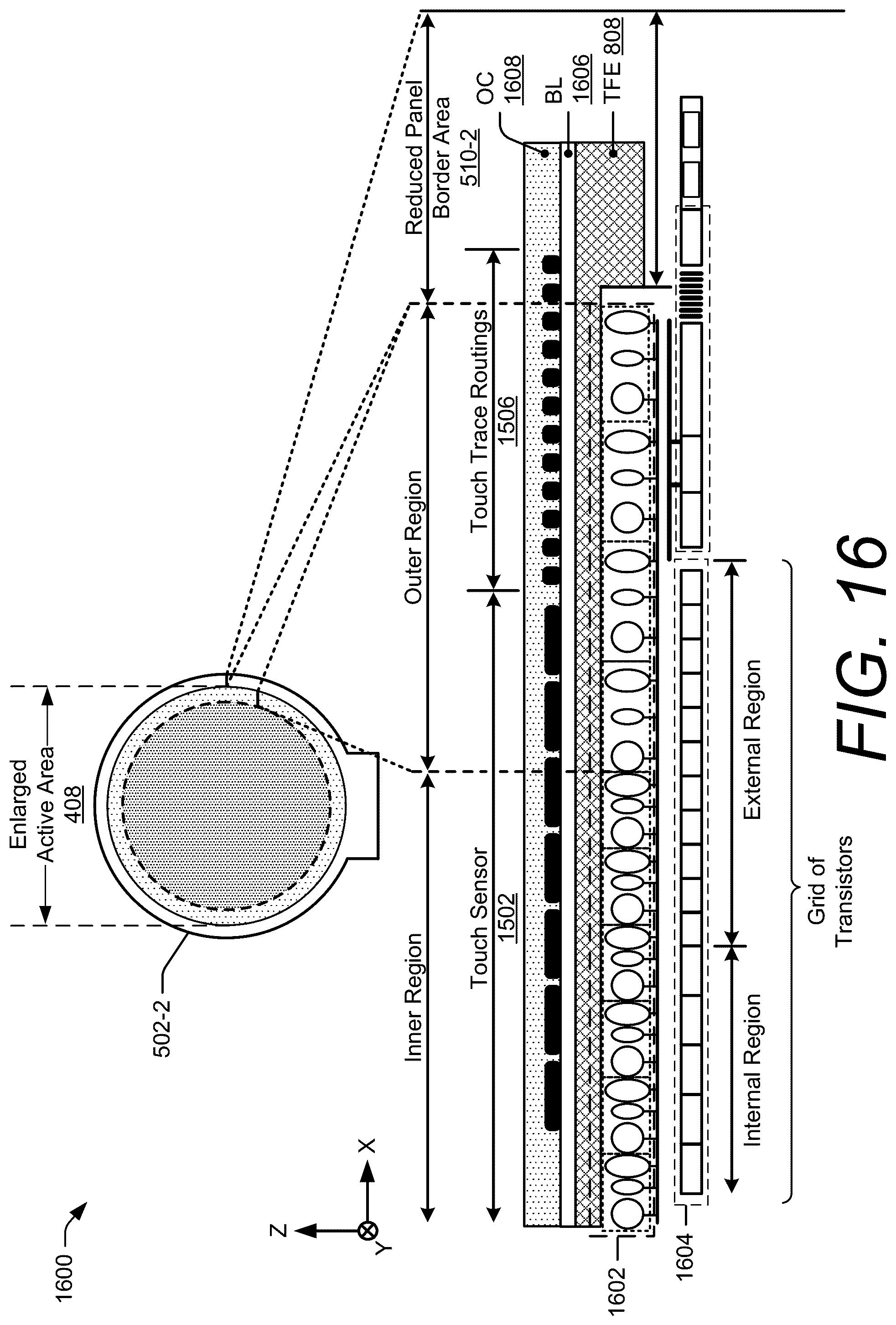 Patent US12591326 Figure 16 – Touch sensor integration with enlarged active area displays