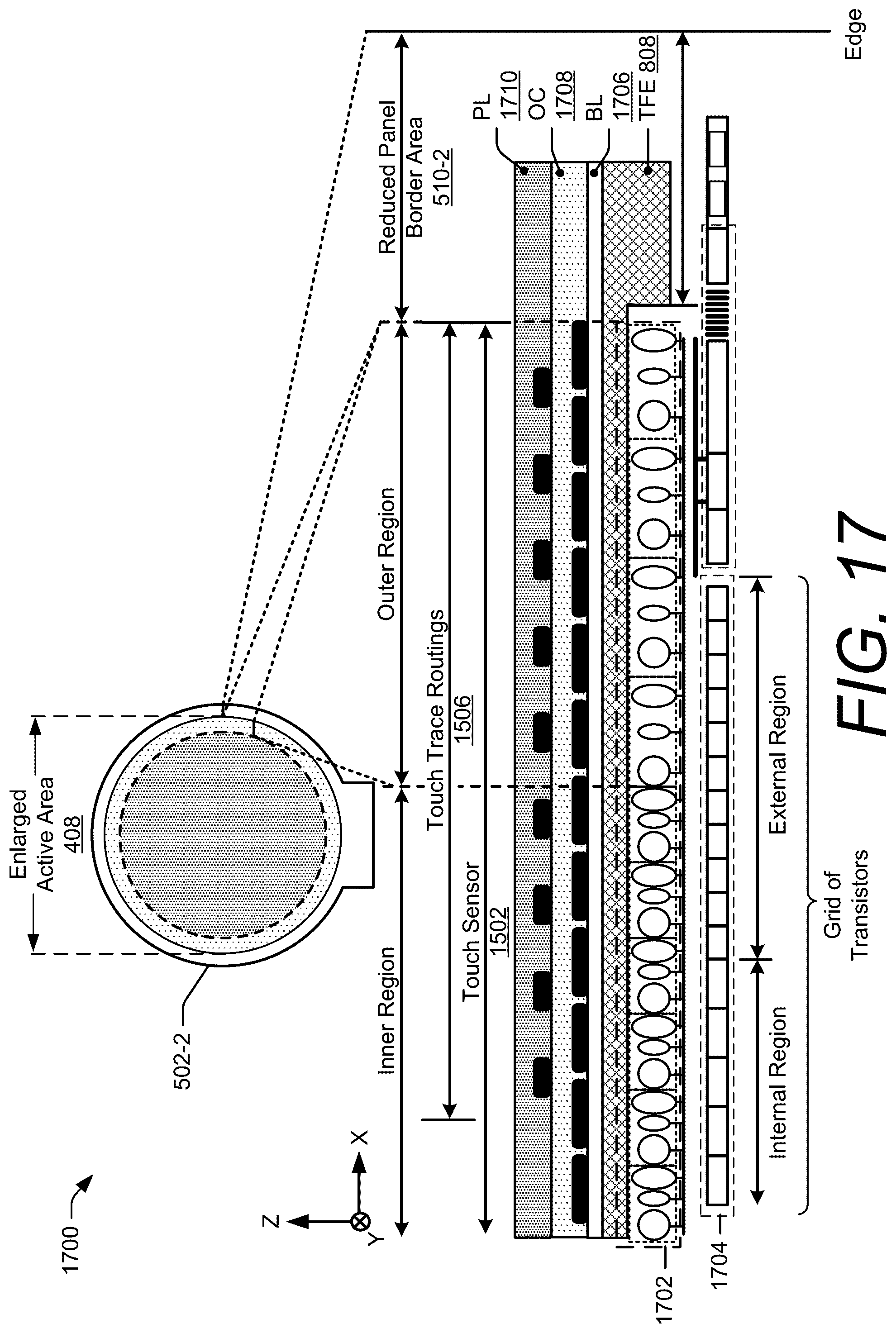 Patent US12591326 Figure 17 – Touch sensor integration with enlarged active area displays