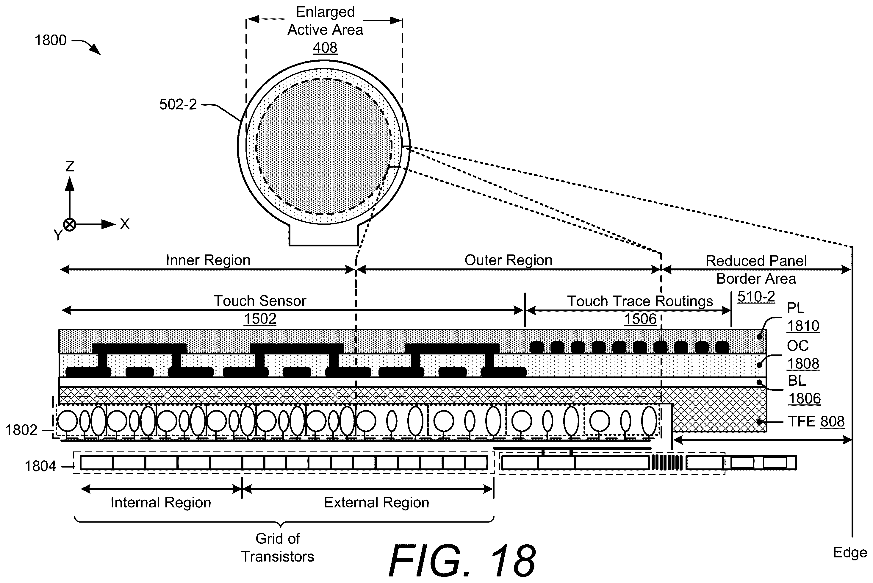 Patent US12591326 Figure 18 – Touch sensor integration with enlarged active area displays