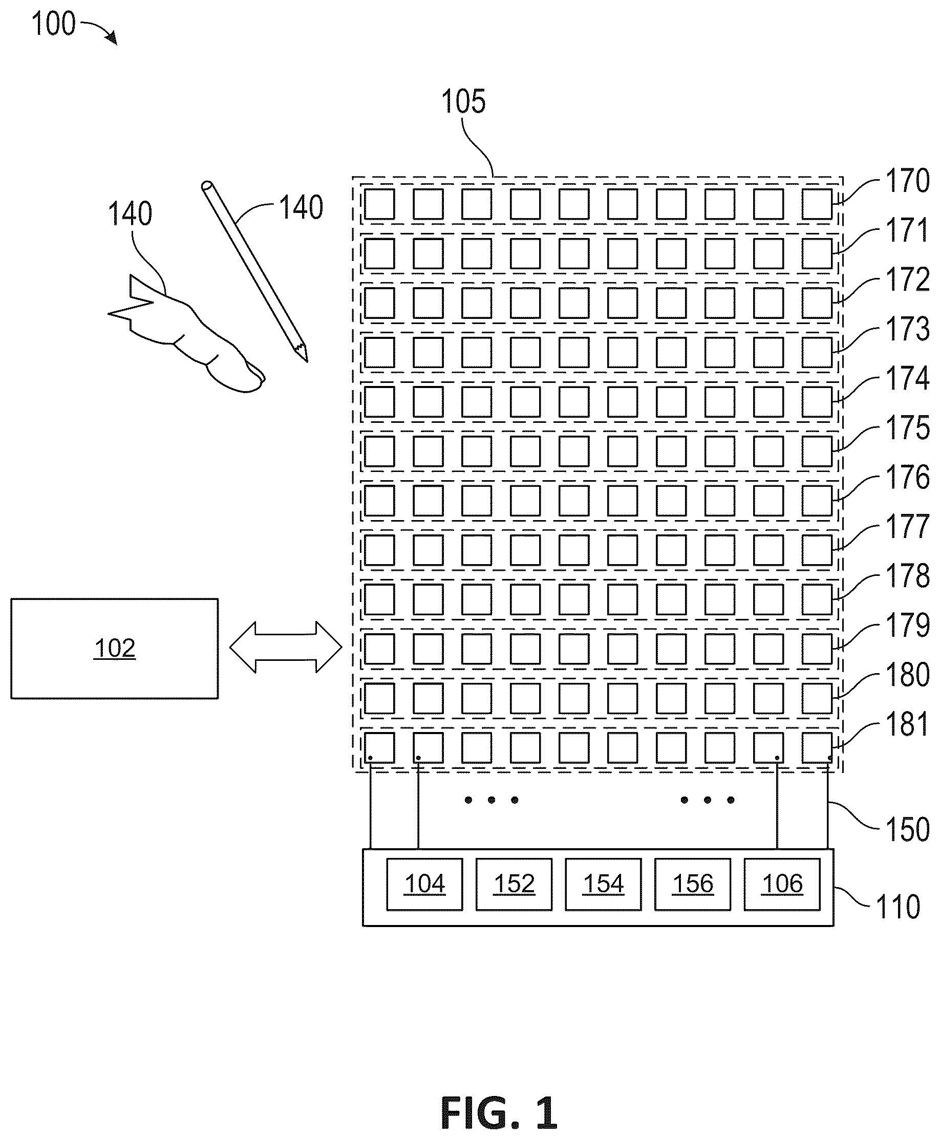 Patent US12591335 Figure 1 – System and method for differential parallel touch sensing