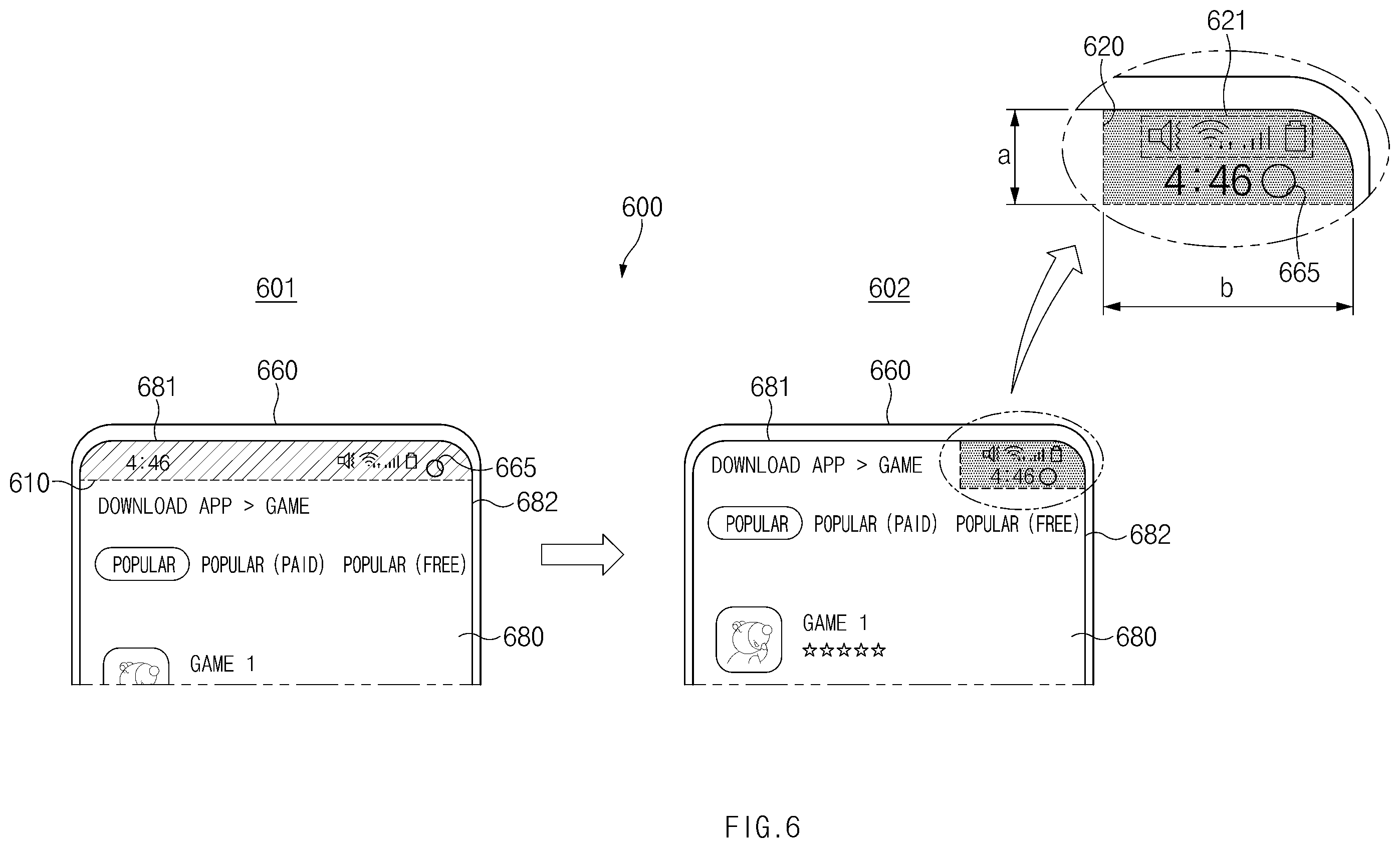 Patent US12591359 Figure 6 – Electronic device comprising display that optimally display content with respect to camera hole, and method for controlling display thereof