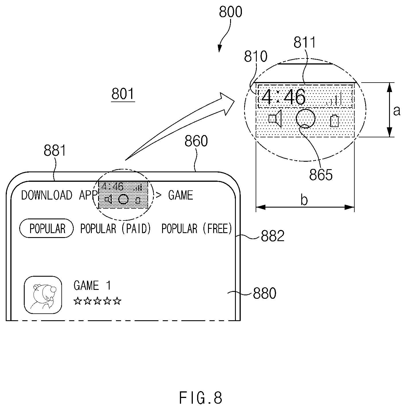 Patent US12591359 Figure 8 – Electronic device comprising display that optimally display content with respect to camera hole, and method for controlling display thereof