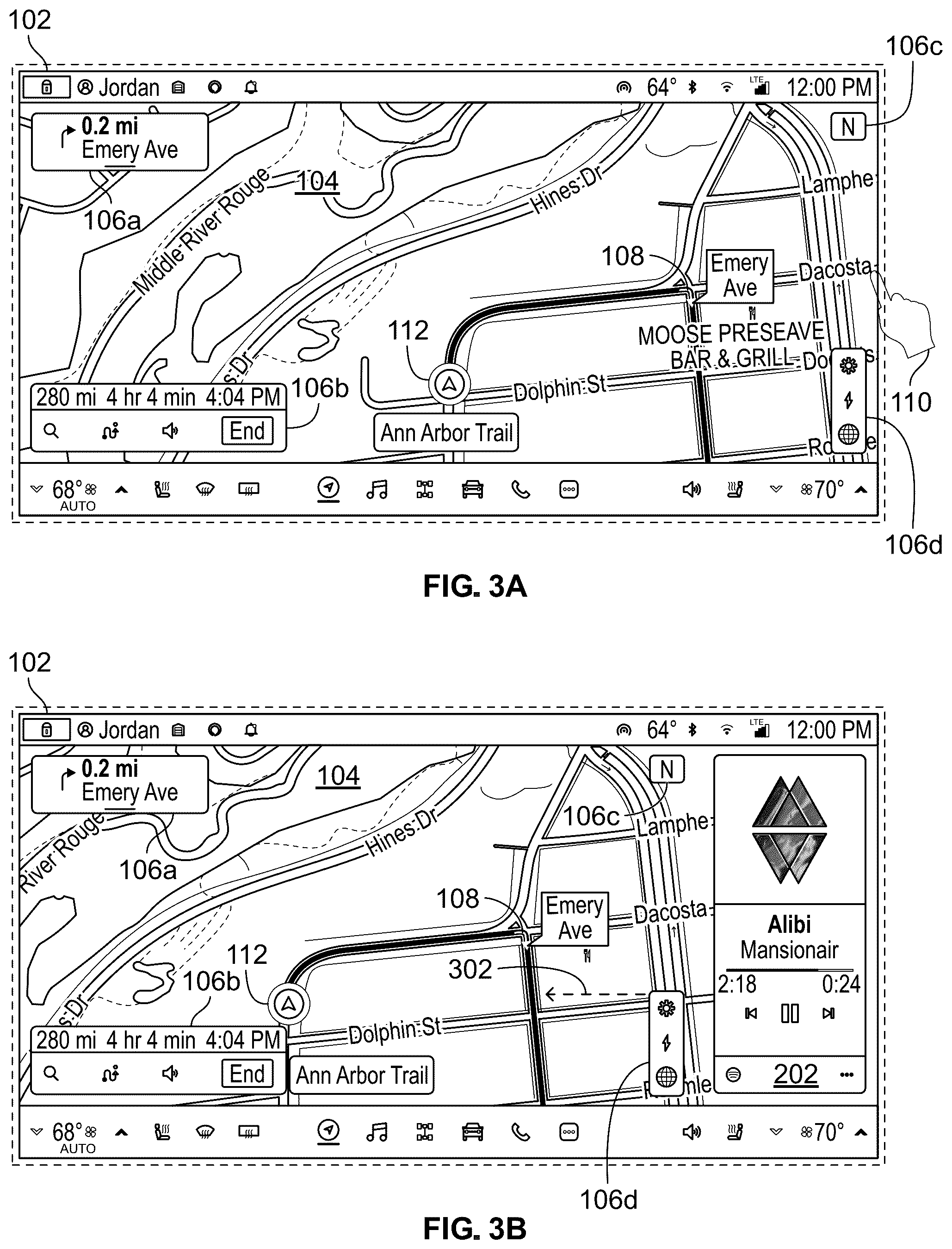 Patent US12591360 Figure 3 – User interface adjustment based on proximity to upcoming maneuver